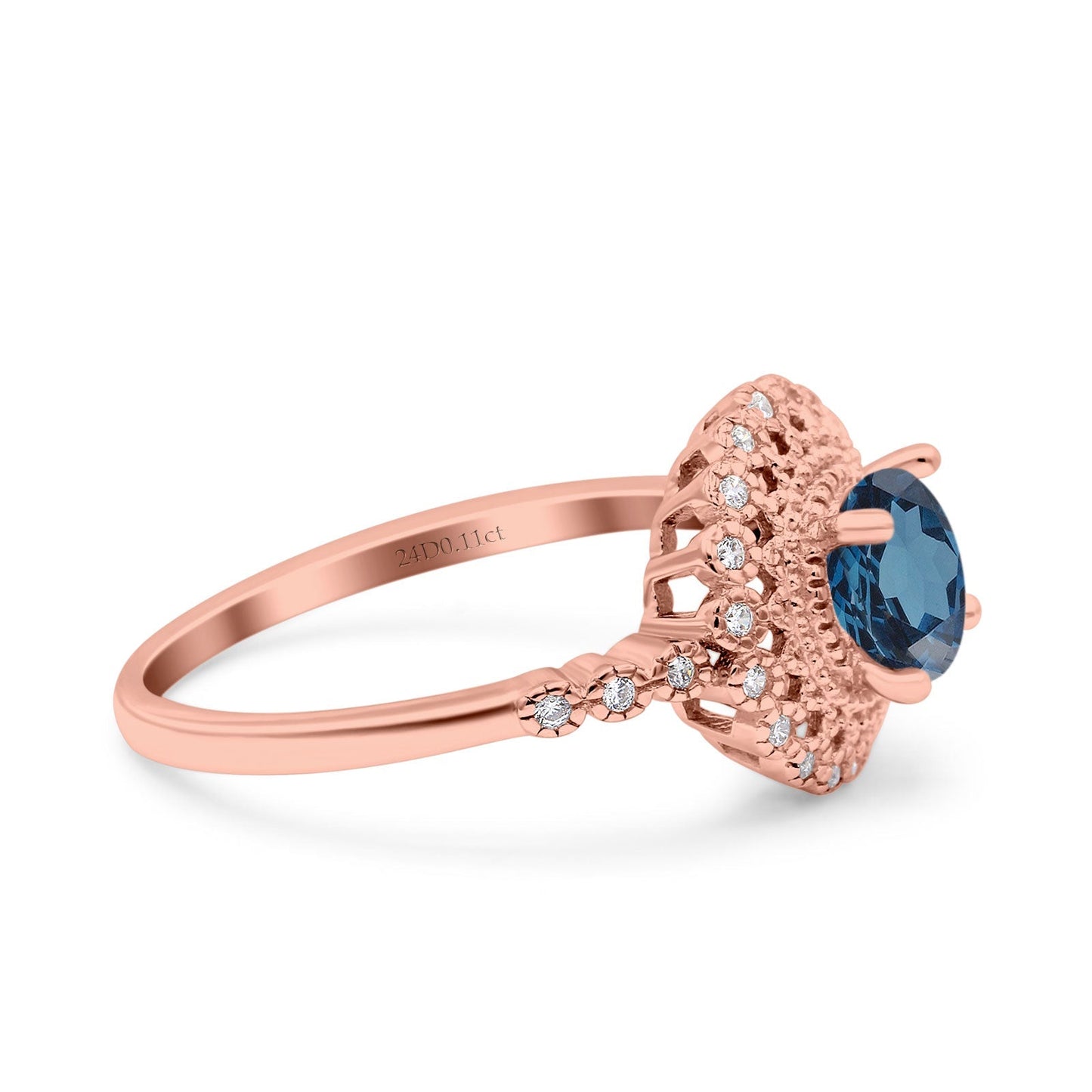 14K Rose Gold 0.77ct Halo Art Deco Round 5.5mm G SI London Blue Topaz Diamond Engagement Wedding Ring Size 6.5