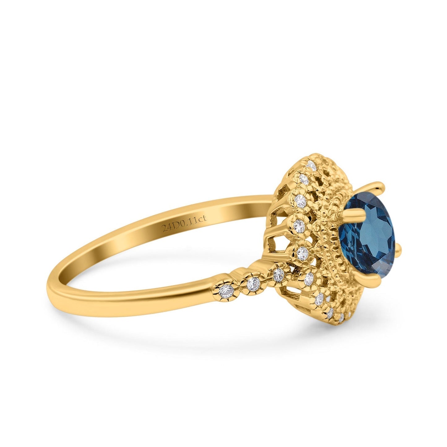 14K Yellow Gold 0.77ct Halo Art Deco Round 5.5mm G SI London Blue Topaz Diamond Engagement Wedding Ring Size 6.5