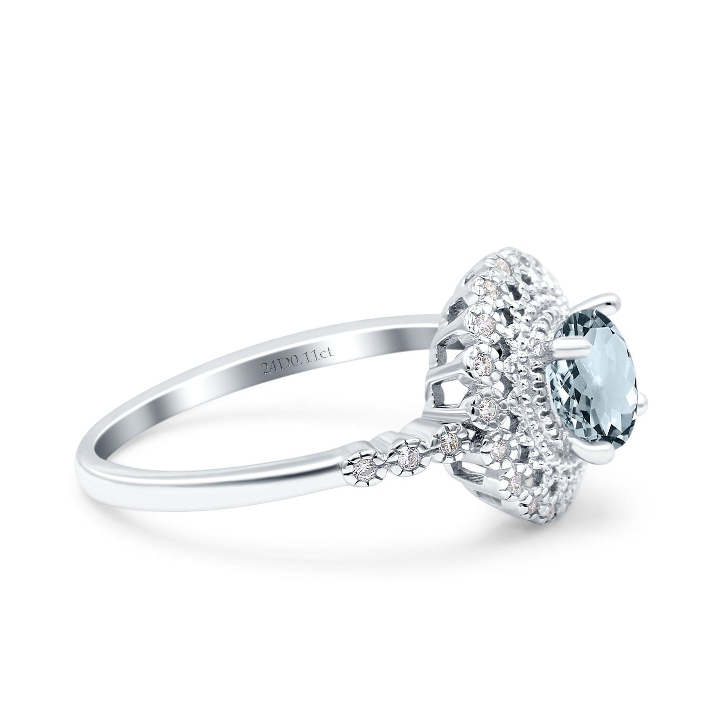 14K White Gold 0.77ct Halo Art Deco Round 5.5mm G SI Natural Aquamarine Diamond Engagement Wedding Ring Size 6.5