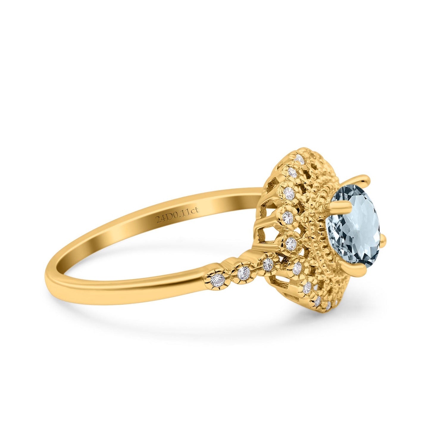 14K Yellow Gold 0.77ct Halo Art Deco Round 5.5mm G SI Natural Aquamarine Diamond Engagement Wedding Ring Size 6.5