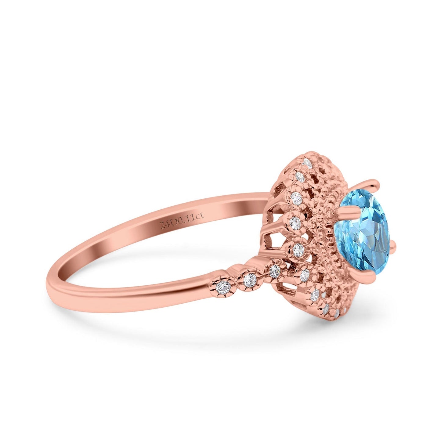 14K Rose Gold 0.77ct Halo Art Deco Round 5.5mm G SI Natural Blue Topaz Diamond Engagement Wedding Ring Size 6.5