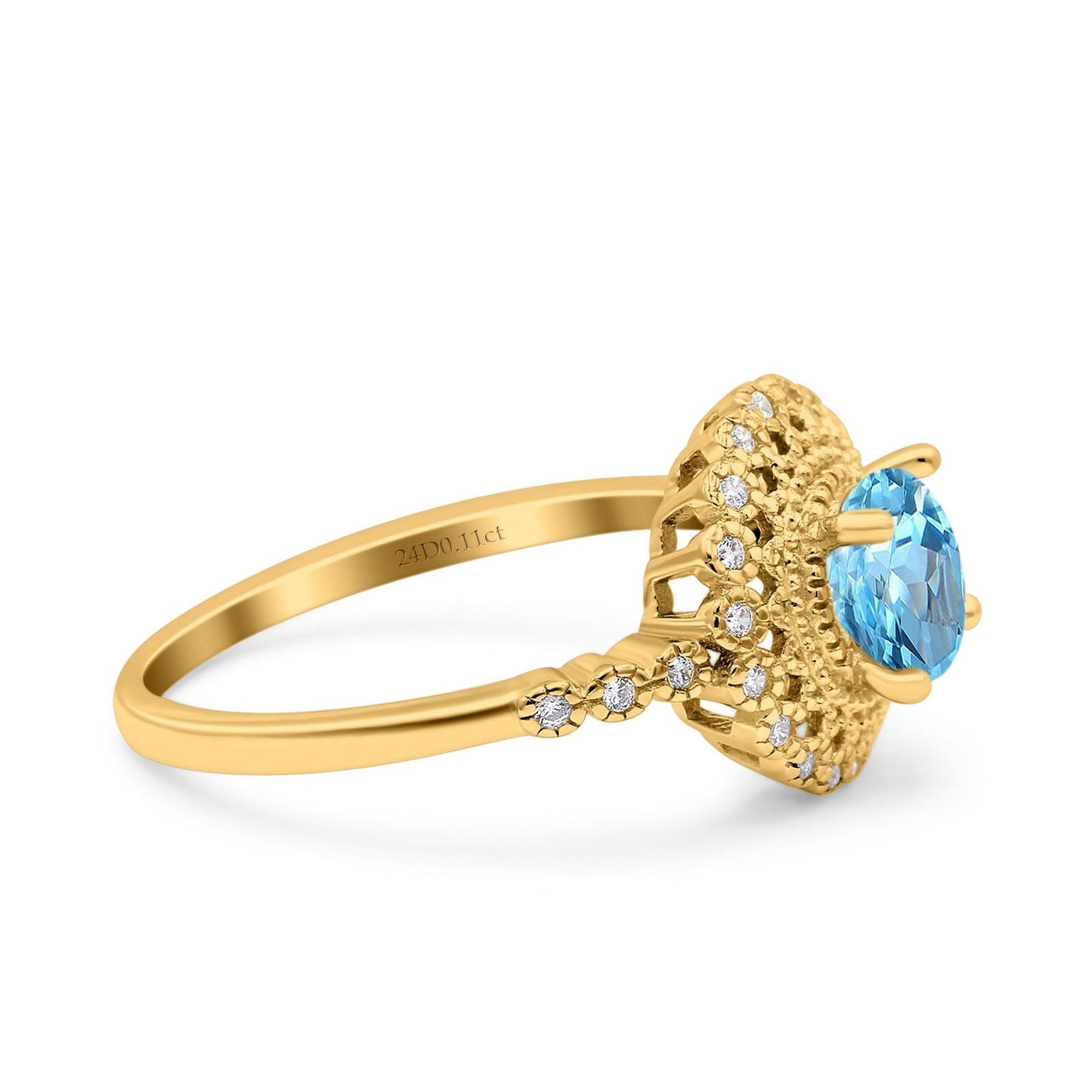 14K Yellow Gold 0.77ct Halo Art Deco Round 5.5mm G SI Natural Blue Topaz Diamond Engagement Wedding Ring Size 6.5