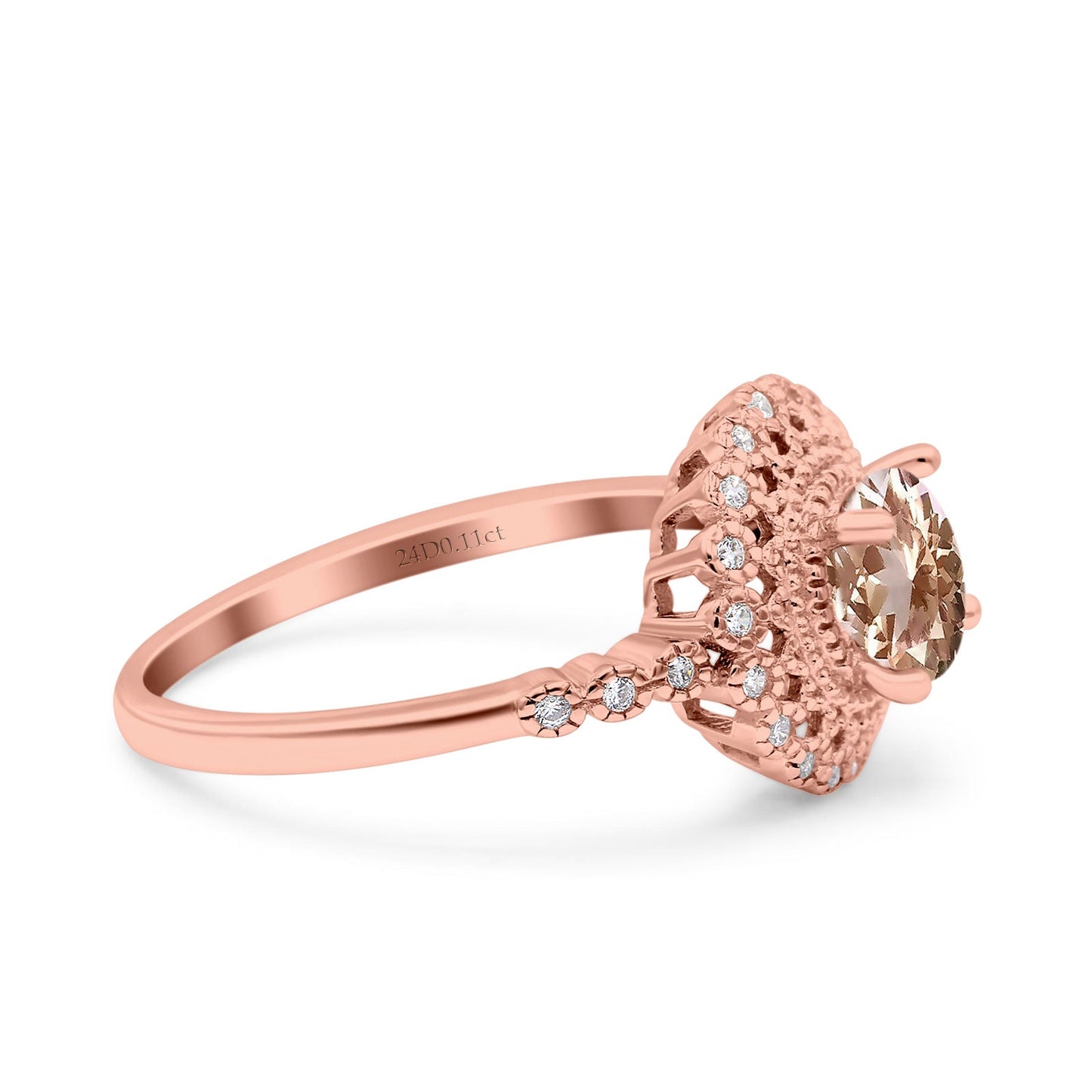 14K Rose Gold 0.77ct Halo Art Deco Round 5.5mm G SI Natural Morganite Diamond Engagement Wedding Ring Size 6.5