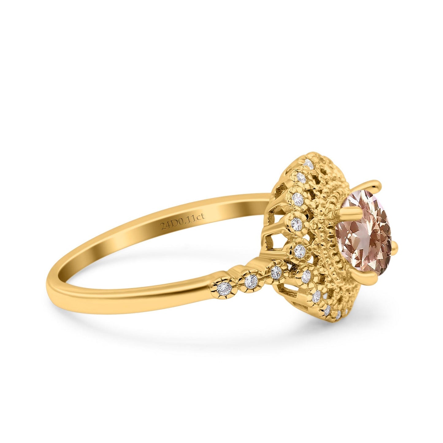 14K Yellow Gold 0.77ct Halo Art Deco Round 5.5mm G SI Natural Morganite Diamond Engagement Wedding Ring Size 6.5