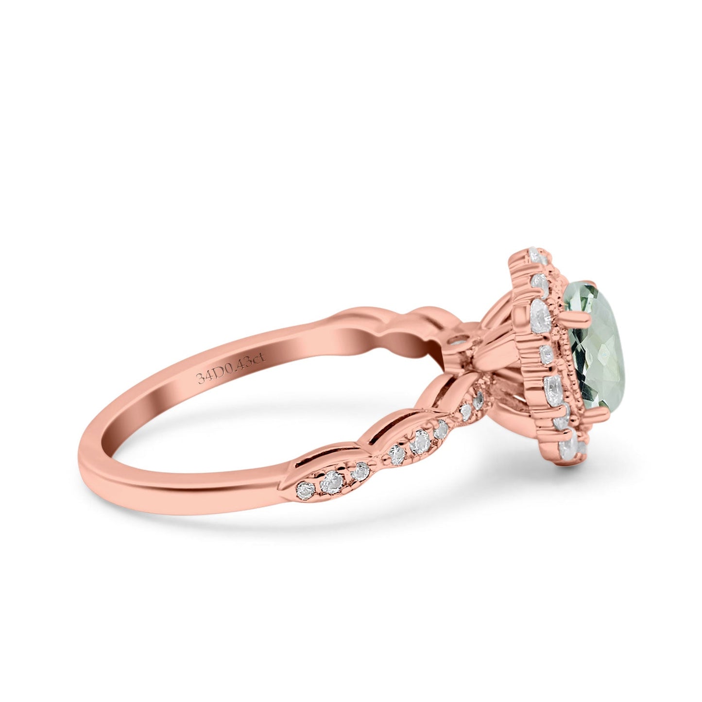 14K Rose Gold 1.19ct Vintage Art Deco Halo Oval 7mmx5mm G SI Natural Green Amethyst Diamond Engagement Wedding Ring Size 6.5