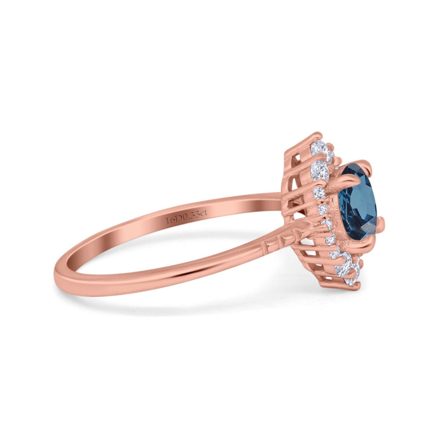 Bague de fiançailles en or rose 14 carats avec diamant rond de 7 mm et topaze bleue de Londres de 1,61 ct et halo vintage, taille 6,5