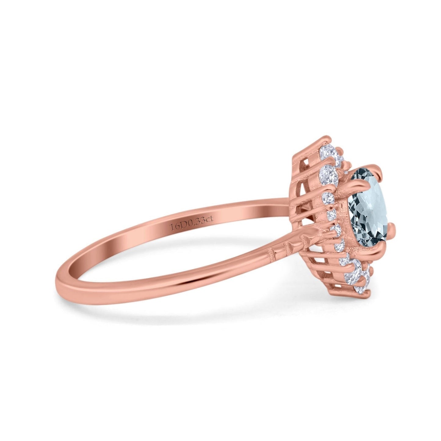 Bague de fiançailles en or rose 14 carats avec halo vintage rond de 7 mm et diamant aigue-marine naturel G SI de 1,61 ct, taille 6,5