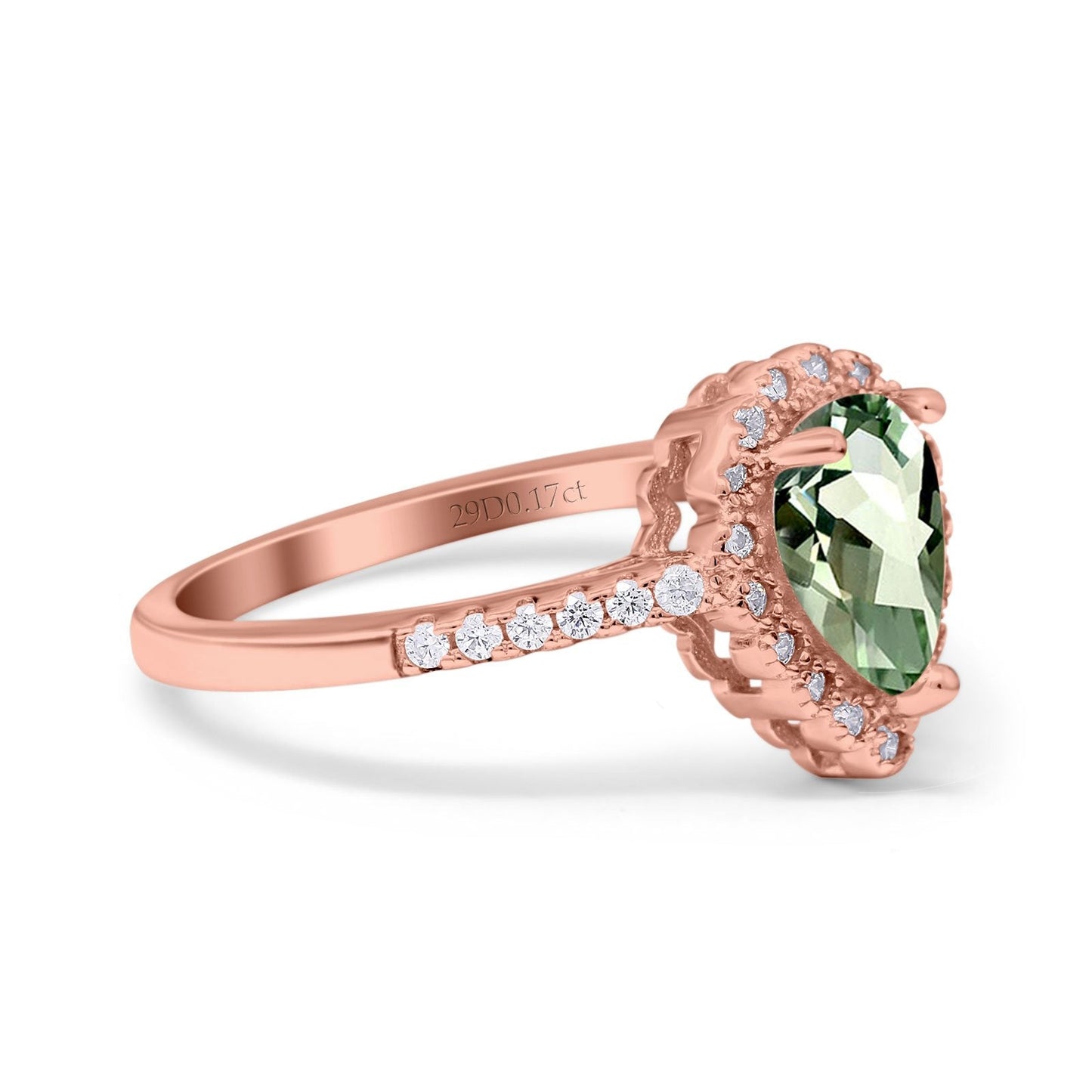 Bague de fiançailles en or rose 14 carats 1,42 ct en forme de larme avec halo en forme de poire 8 mm x 6 mm G SI avec améthyste verte naturelle et diamant, taille 6,5