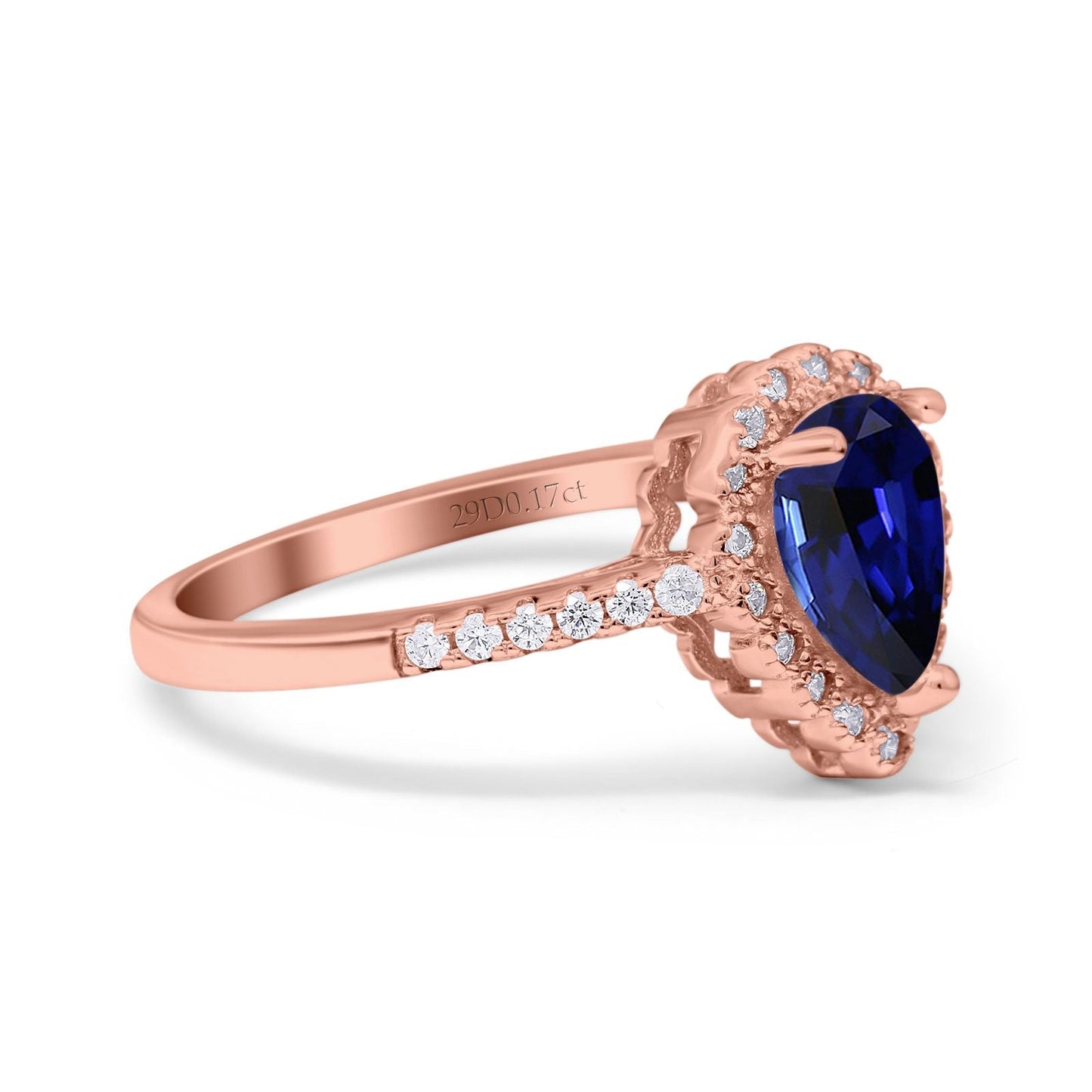 14K Rose Gold 1.42ct Teardrop Pear Halo 8mmx6mm G SI Lab Blue Sapphire Diamond Engagement Wedding Ring Size 6.5