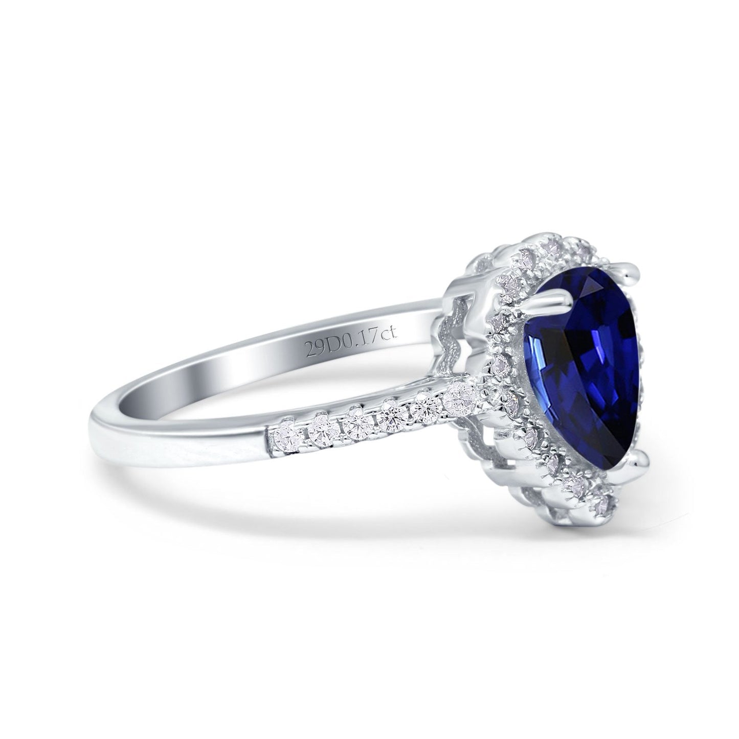 14K White Gold 1.42ct Teardrop Pear Halo 8mmx6mm G SI Lab Blue Sapphire Diamond Engagement Wedding Ring Size 6.5