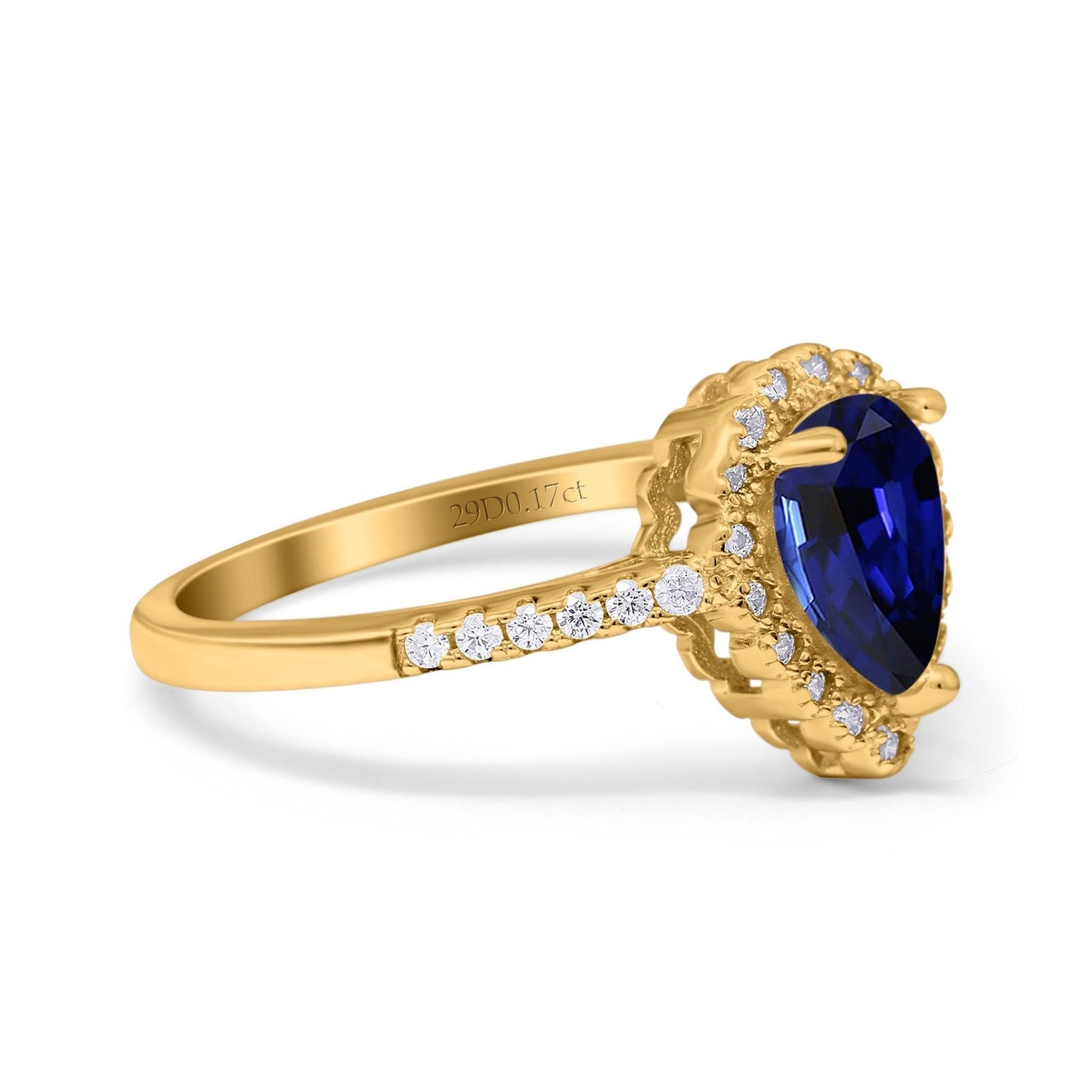 14K Yellow Gold 1.42ct Teardrop Pear Halo 8mmx6mm G SI Lab Blue Sapphire Diamond Engagement Wedding Ring Size 6.5