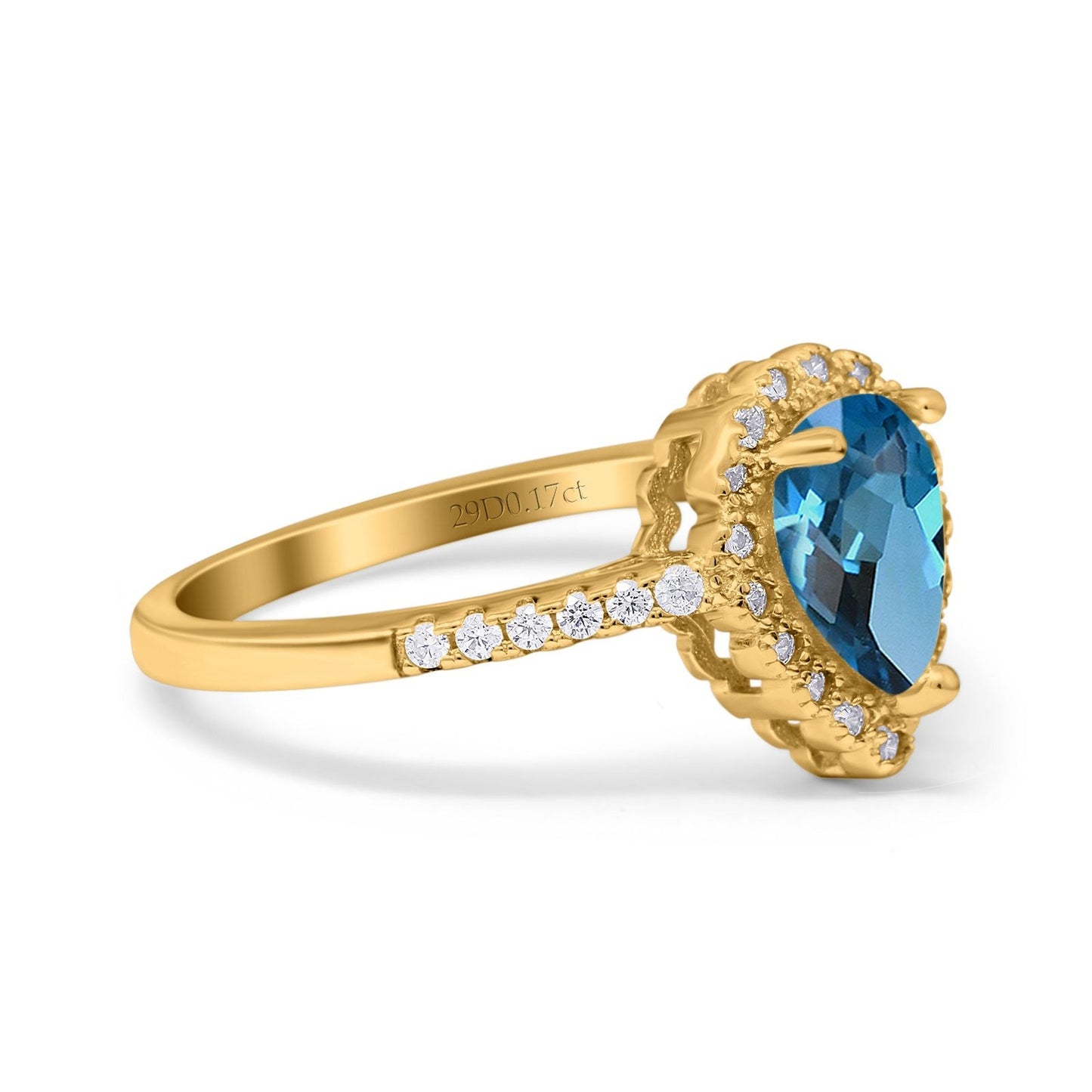 14K Yellow Gold 1.42ct Teardrop Pear Halo 8mmx6mm G SI London Blue Topaz Diamond Engagement Wedding Ring Size 6.5