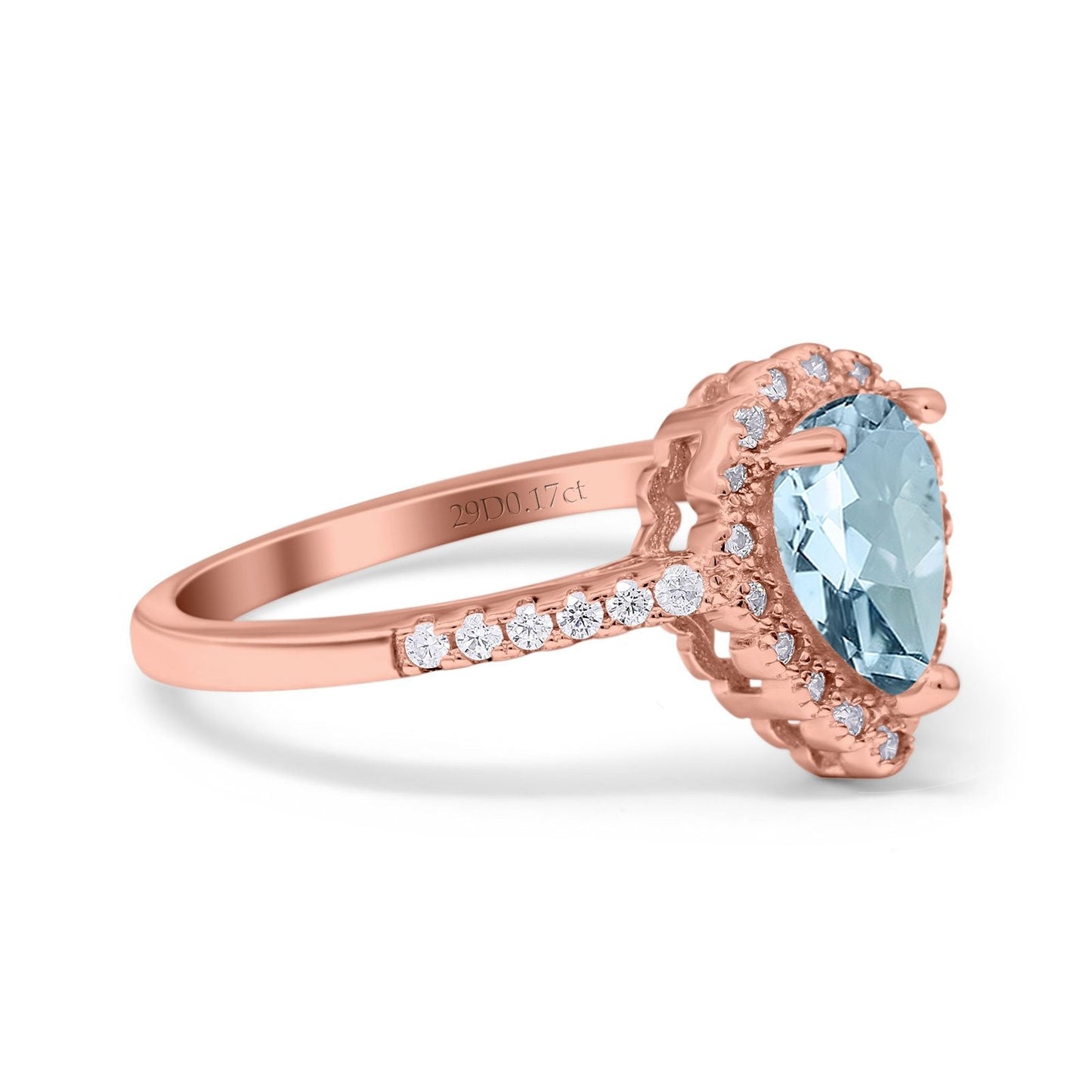 14K Rose Gold 1.42ct Teardrop Pear Halo 8mmx6mm G SI Natural Aquamarine Diamond Engagement Wedding Ring Size 6.5