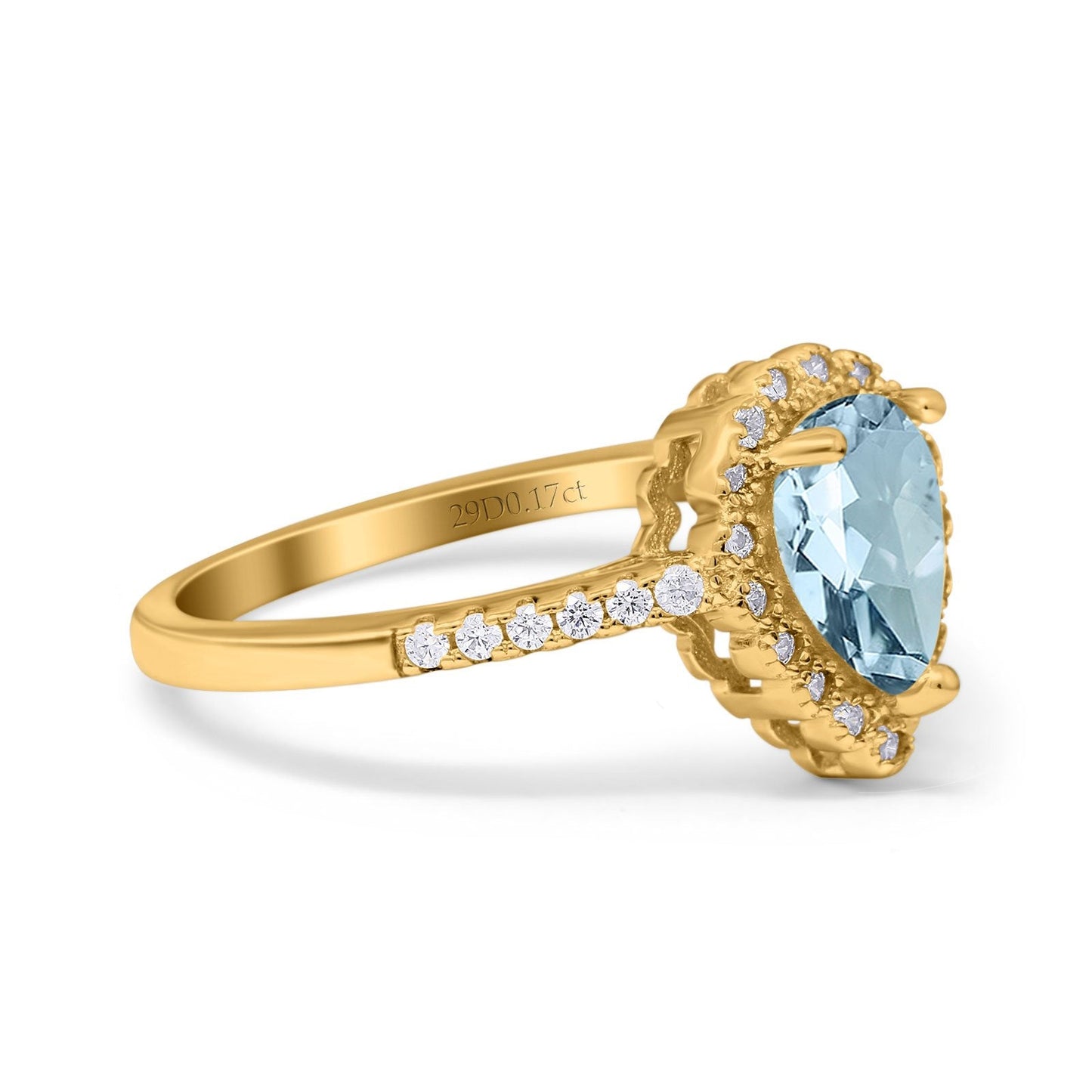 14K Yellow Gold 1.42ct Teardrop Pear Halo 8mmx6mm G SI Natural Aquamarine Diamond Engagement Wedding Ring Size 6.5