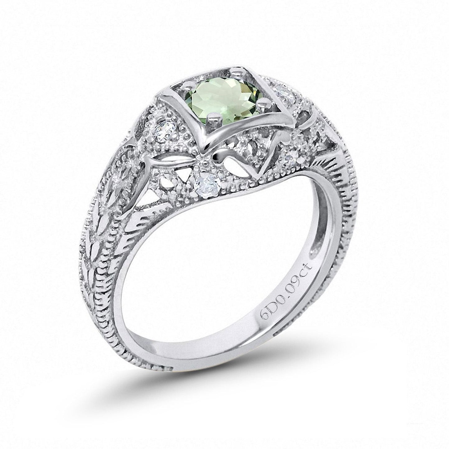 14K White Gold 0.15ct Round Antique Style 5mm G SI Natural Green Amethyst Diamond Engagement Wedding Ring Size 6.5