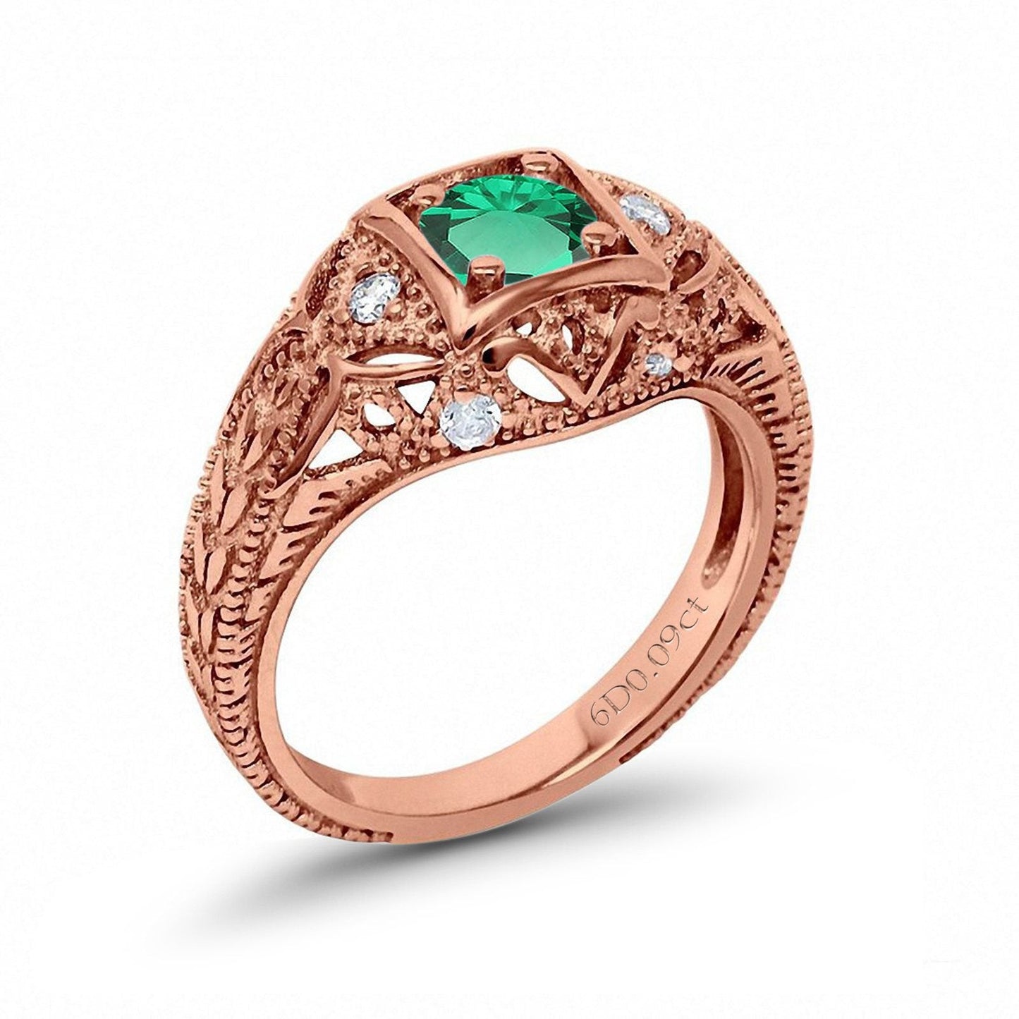 14K Rose Gold 0.15ct Round Antique Style 5mm G SI Nano Emerald Diamond Engagement Wedding Ring Size 6.5