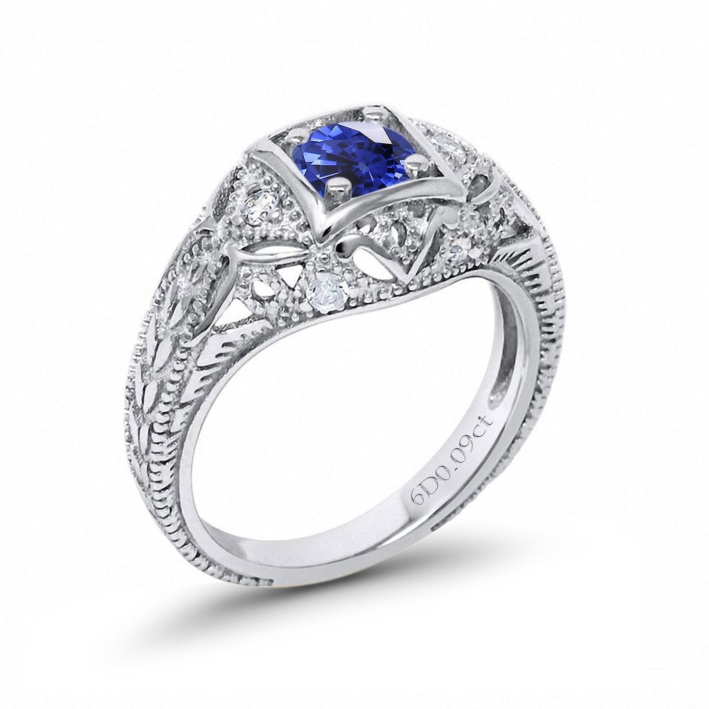 14K White Gold 0.15ct Round Antique Style 5mm G SI Lab Blue Sapphire Diamond Engagement Wedding Ring Size 6.5