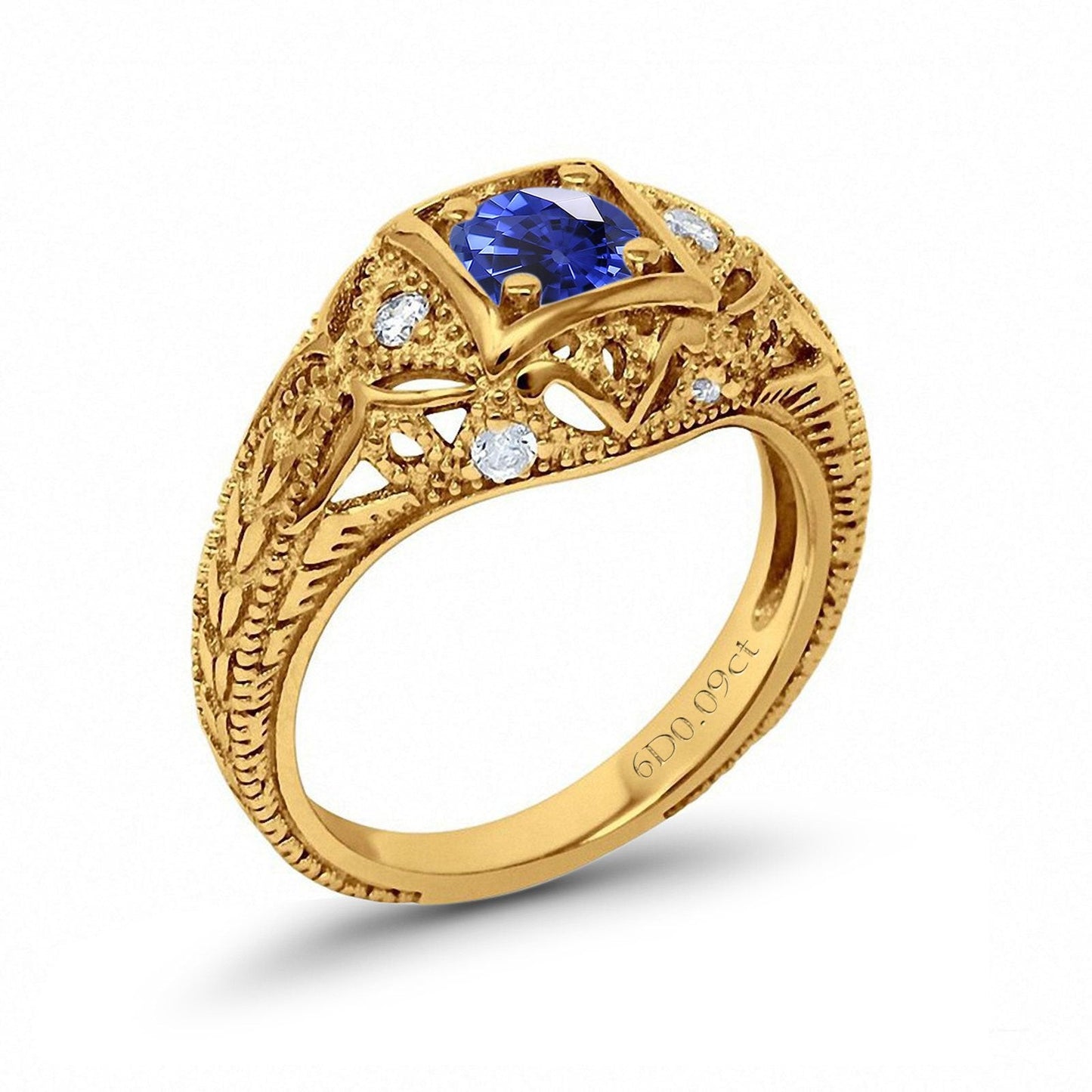 14K Yellow Gold 0.15ct Round Antique Style 5mm G SI Lab Blue Sapphire Diamond Engagement Wedding Ring Size 6.5