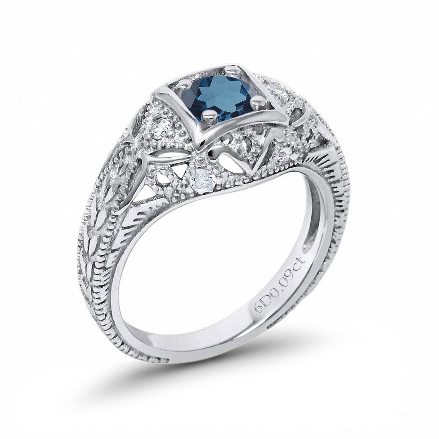 14K White Gold 0.15ct Round Antique Style 5mm G SI London Blue Topaz Diamond Engagement Wedding Ring Size 6.5