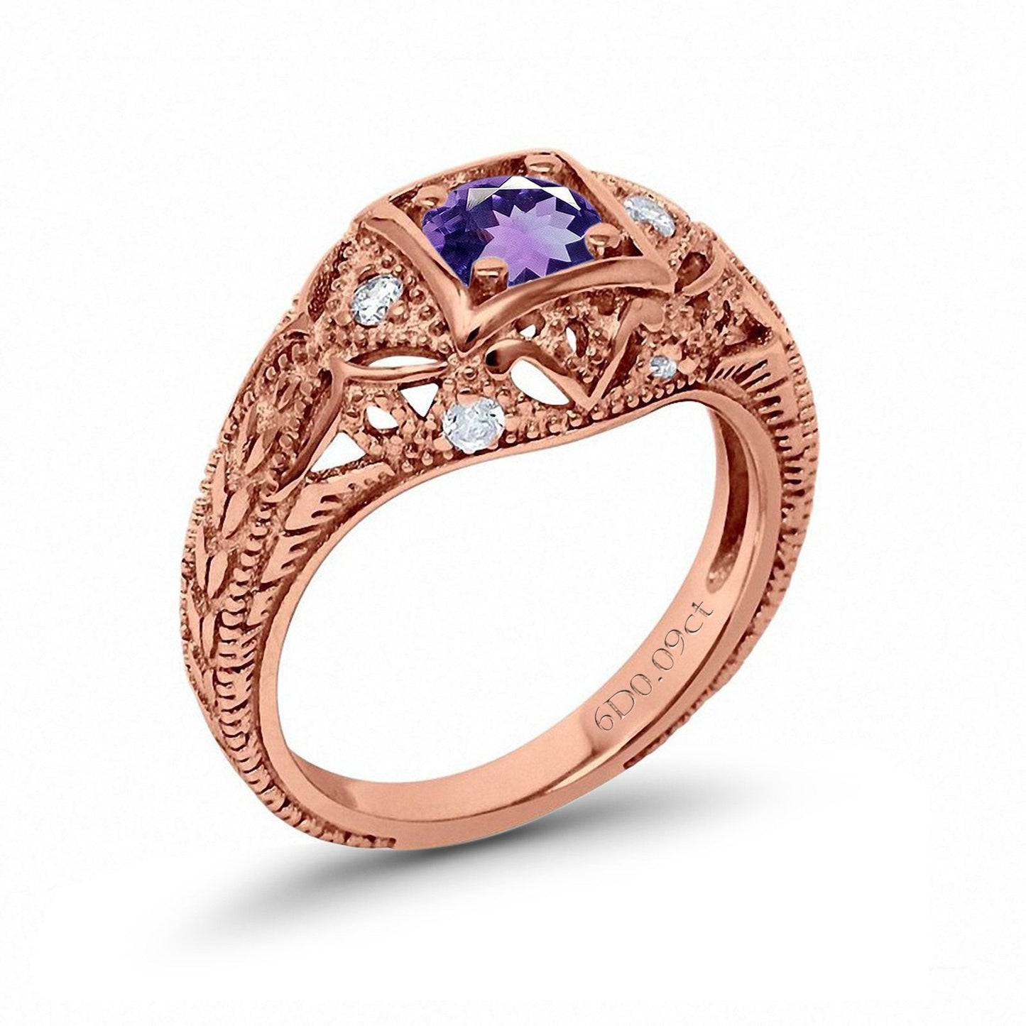 14K Rose Gold 0.15ct Round Antique Style 5mm G SI Natural Amethyst Diamond Engagement Wedding Ring Size 6.5