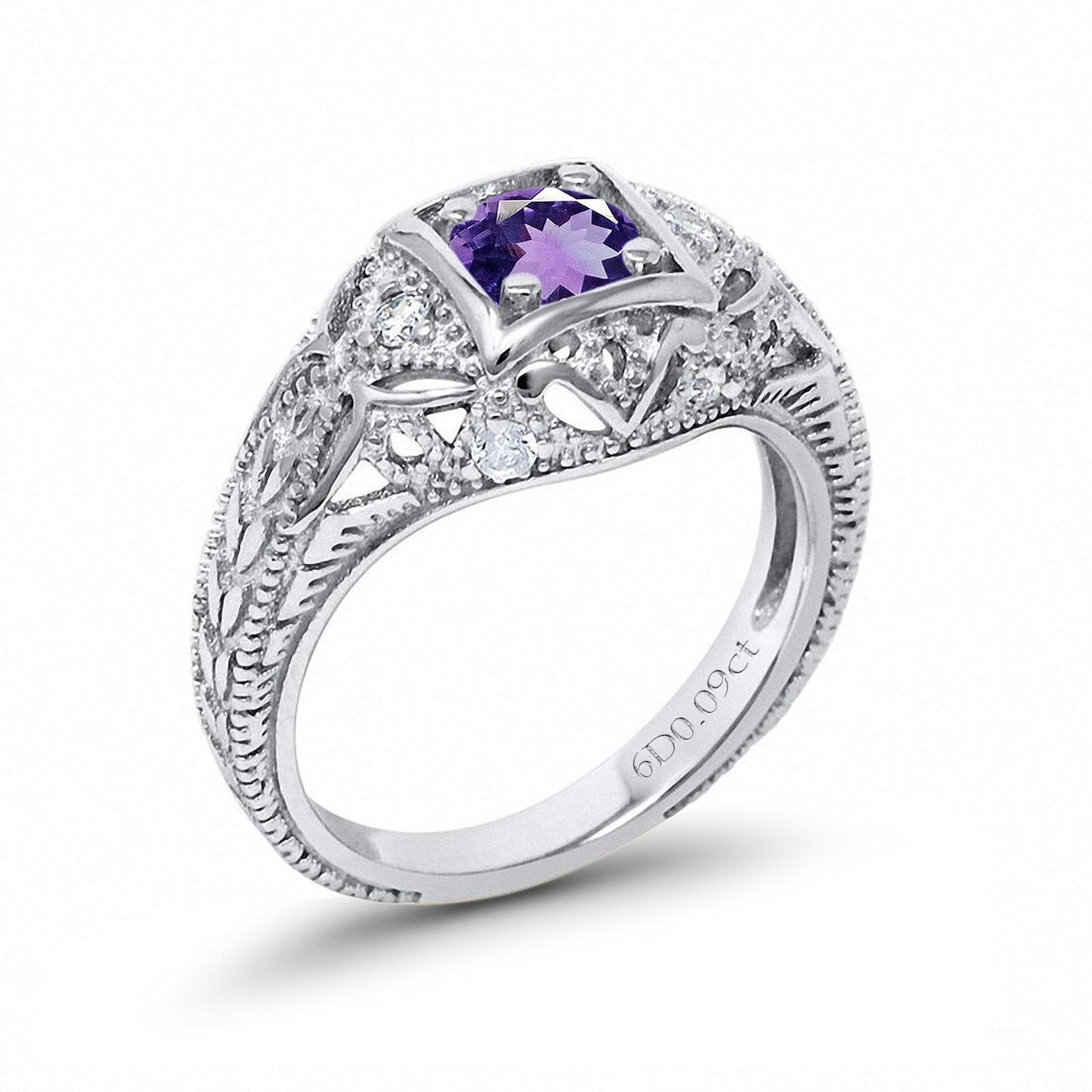 14K White Gold 0.15ct Round Antique Style 5mm G SI Natural Amethyst Diamond Engagement Wedding Ring Size 6.5