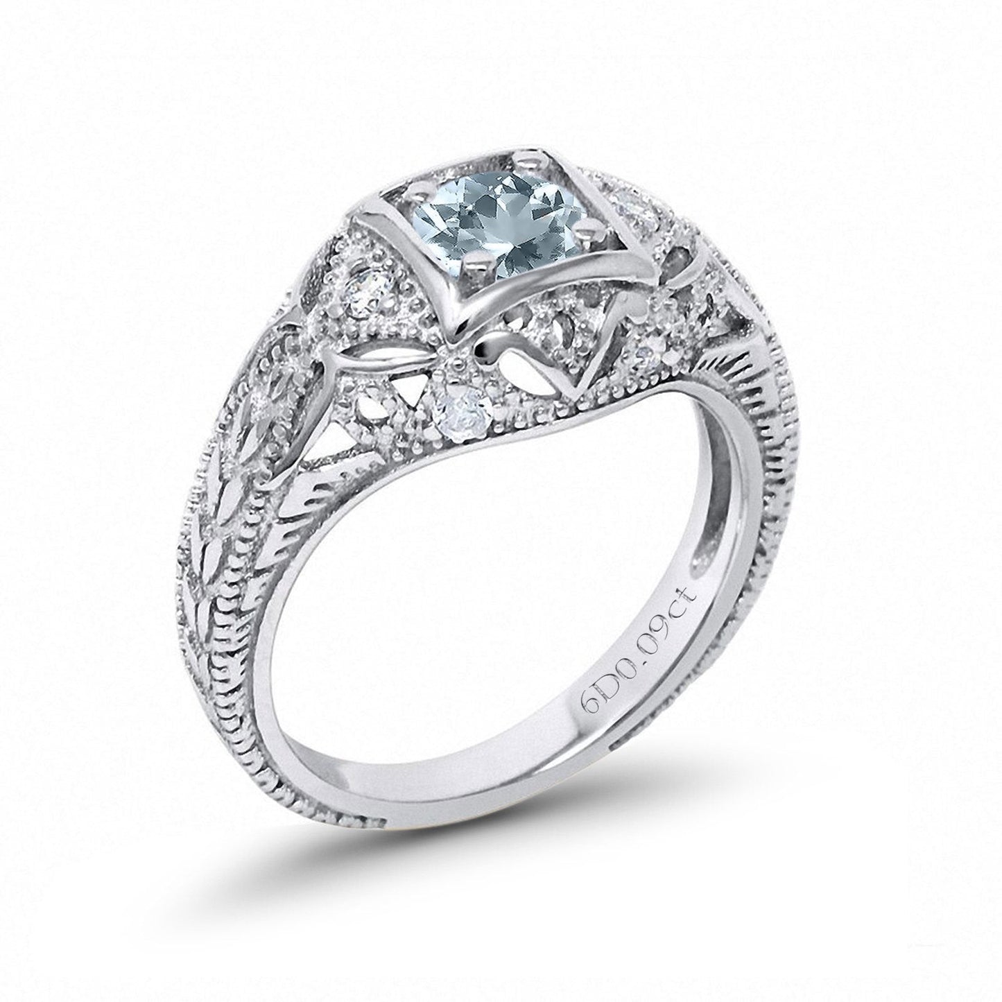 14K White Gold 0.15ct Round Antique Style 5mm G SI Natural Aquamarine Diamond Engagement Wedding Ring Size 6.5