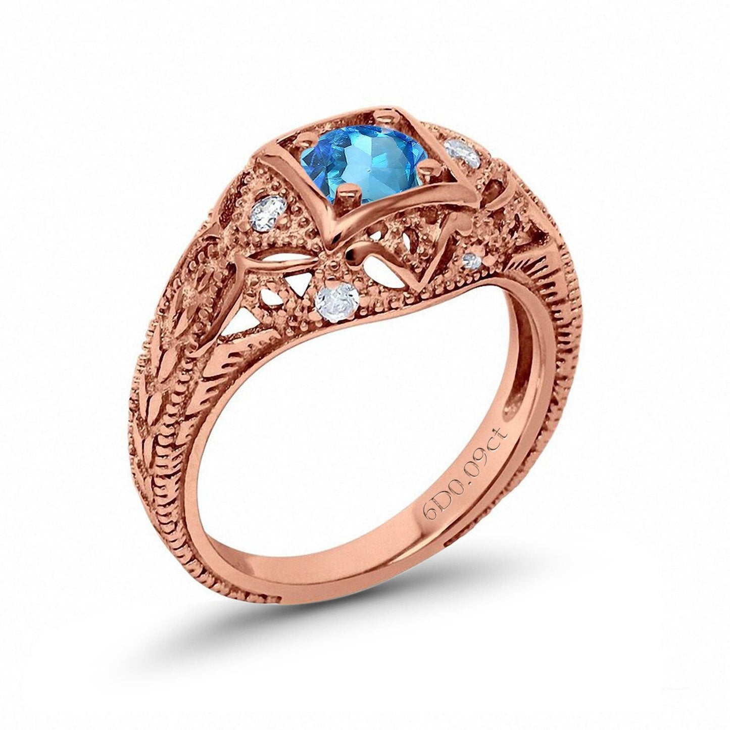 14K Rose Gold 0.15ct Round Antique Style 5mm G SI Natural Blue Topaz Diamond Engagement Wedding Ring Size 6.5