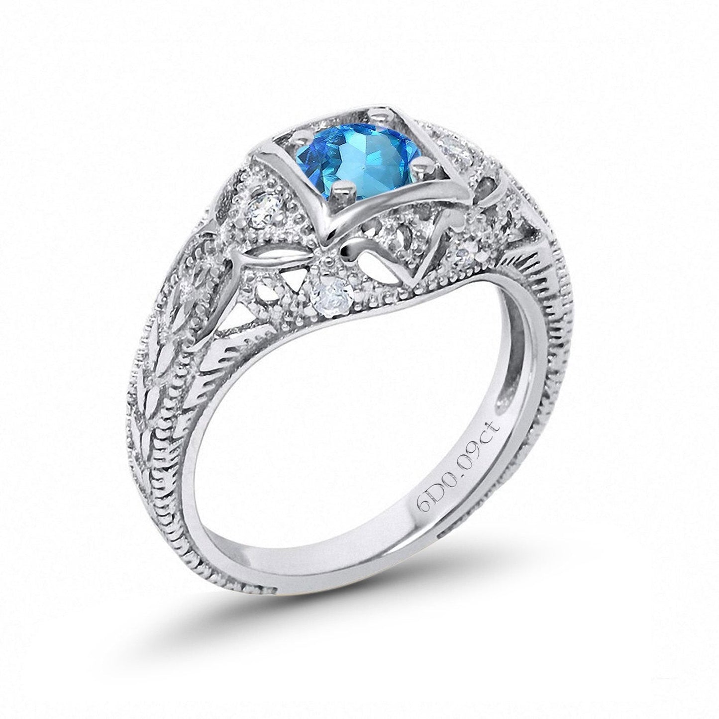 14K White Gold 0.15ct Round Antique Style 5mm G SI Natural Blue Topaz Diamond Engagement Wedding Ring Size 6.5