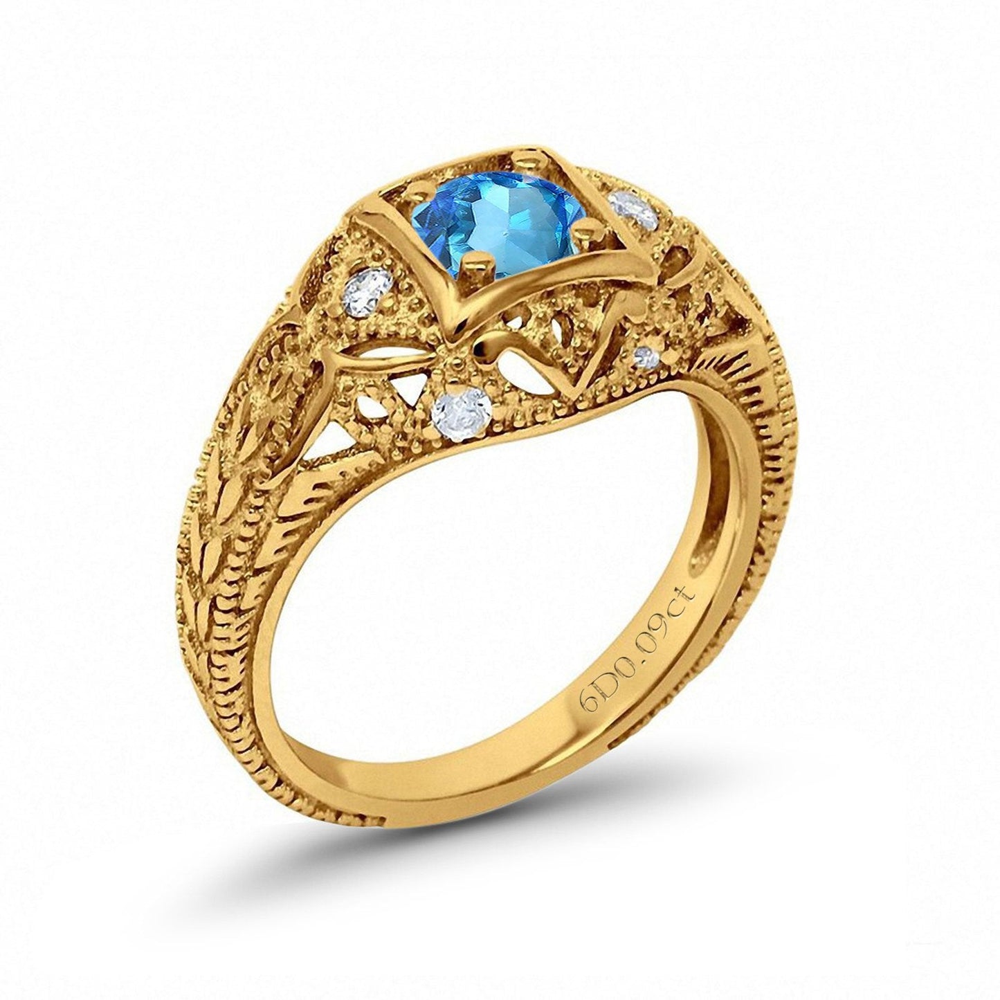 14K Yellow Gold 0.15ct Round Antique Style 5mm G SI Natural Blue Topaz Diamond Engagement Wedding Ring Size 6.5