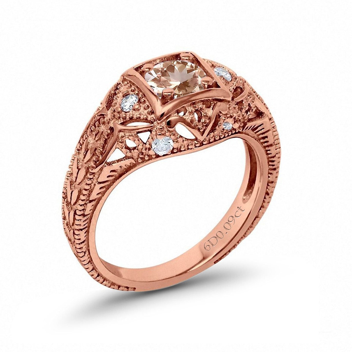 14K Rose Gold 0.15ct Round Antique Style 5mm G SI Natural Morganite Diamond Engagement Wedding Ring Size 6.5