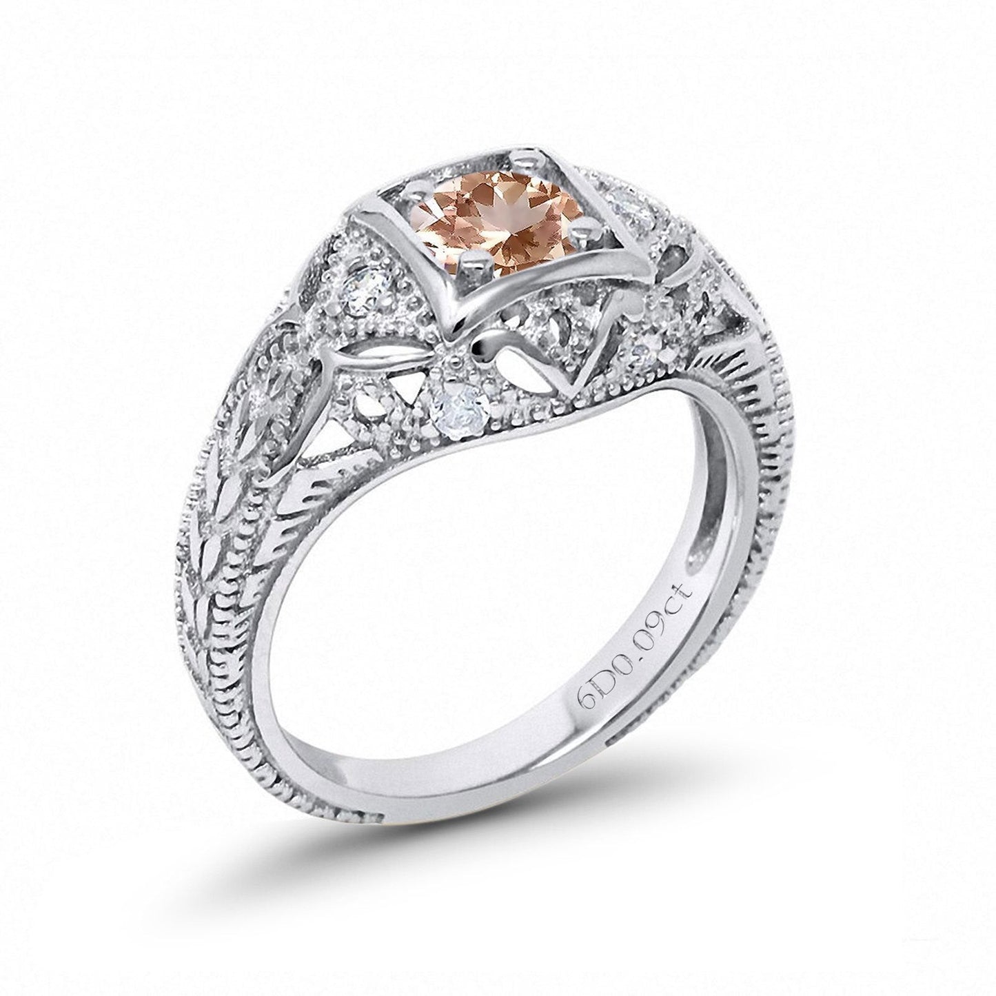 14K White Gold 0.15ct Round Antique Style 5mm G SI Natural Morganite Diamond Engagement Wedding Ring Size 6.5