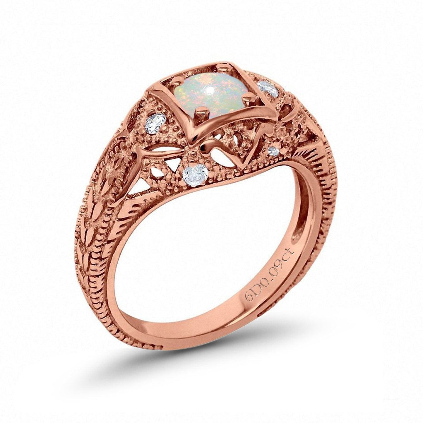 14K Rose Gold 0.09ct Round Antique Style 5mm G SI Natural White Opal Diamond Engagement Wedding Ring Size 6.5