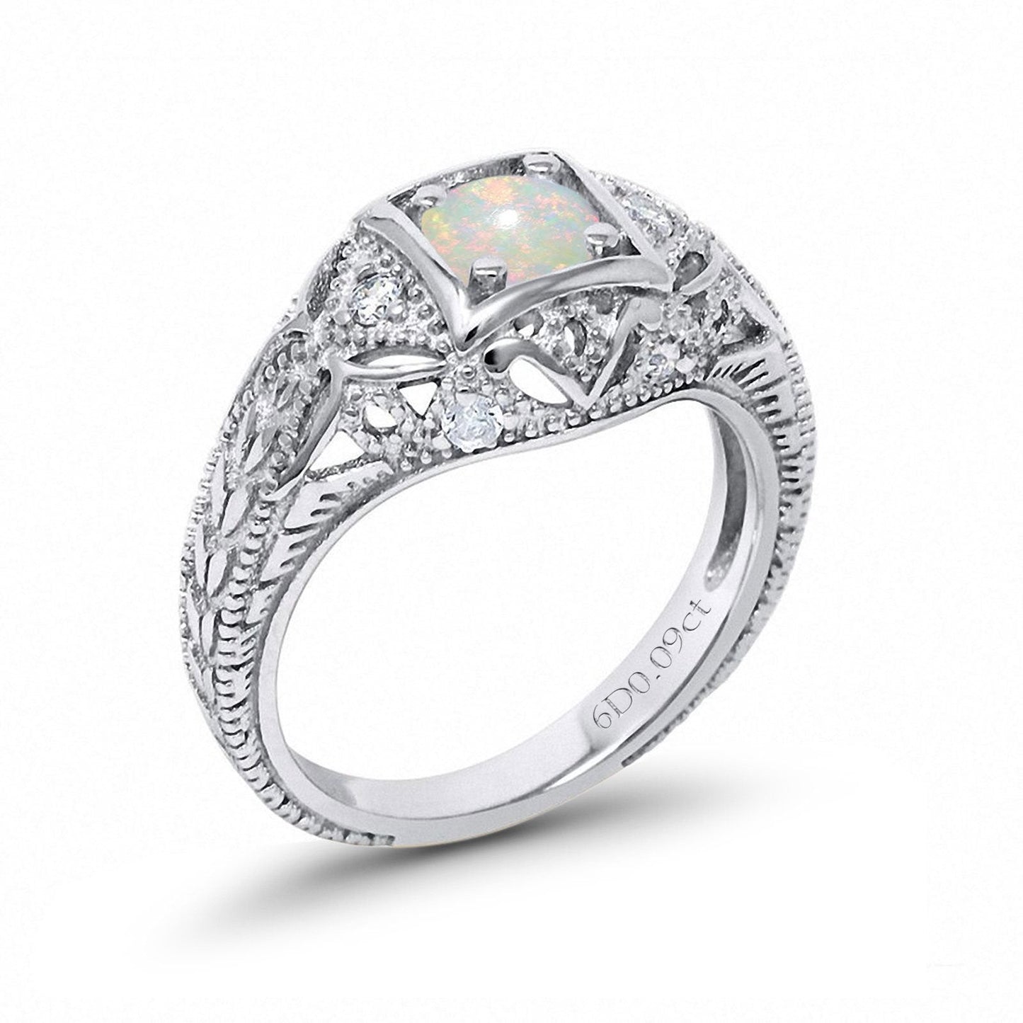 14K White Gold 0.09ct Round Antique Style 5mm G SI Natural White Opal Diamond Engagement Wedding Ring Size 6.5