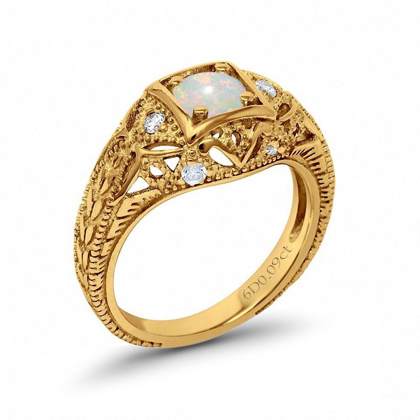 14K Yellow Gold 0.09ct Round Antique Style 5mm G SI Natural White Opal Diamond Engagement Wedding Ring Size 6.5