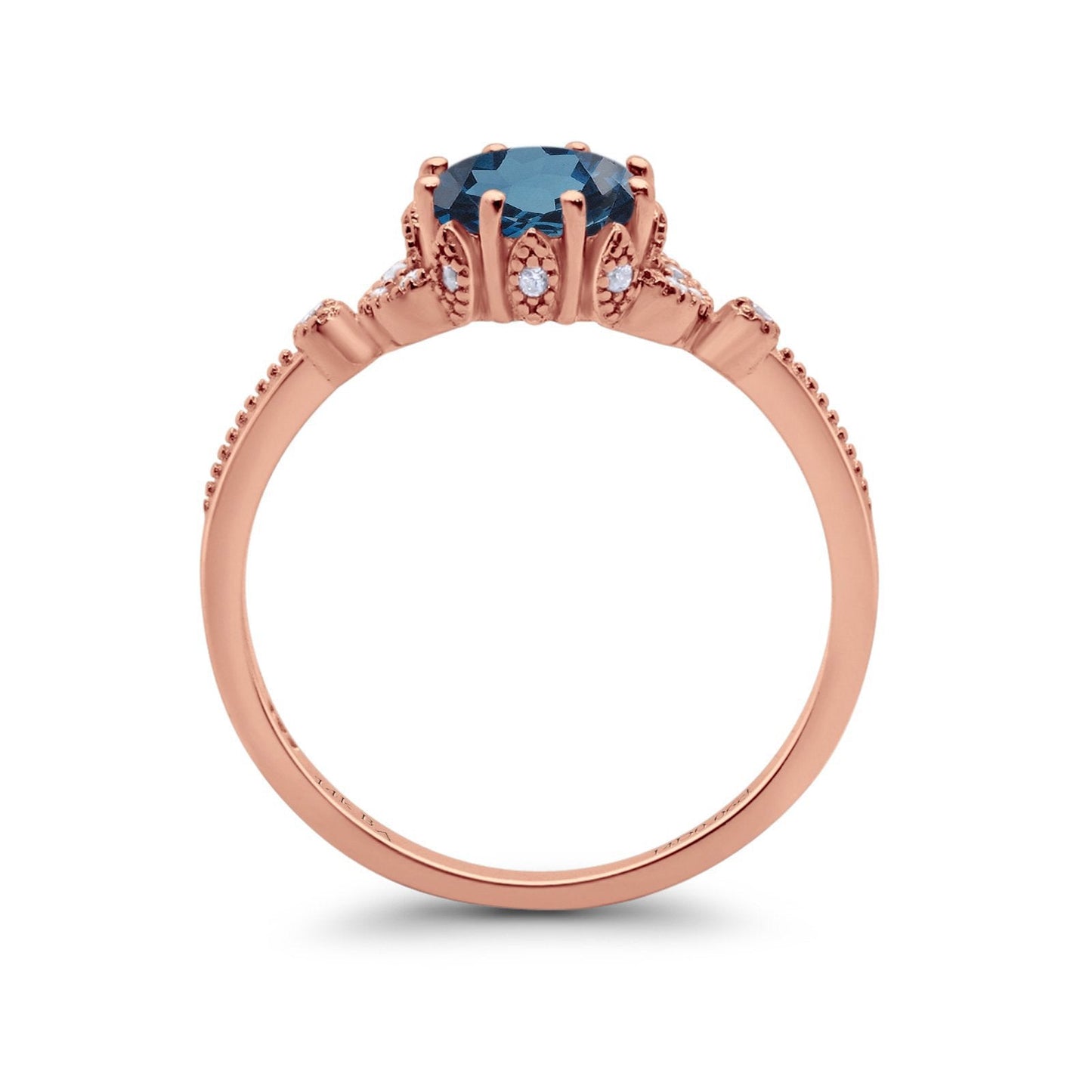 14K Rose Gold 1.34ct Round Art Deco Fashion 7mm G SI London Blue Topaz Diamond Engagement Wedding Ring Size 6.5