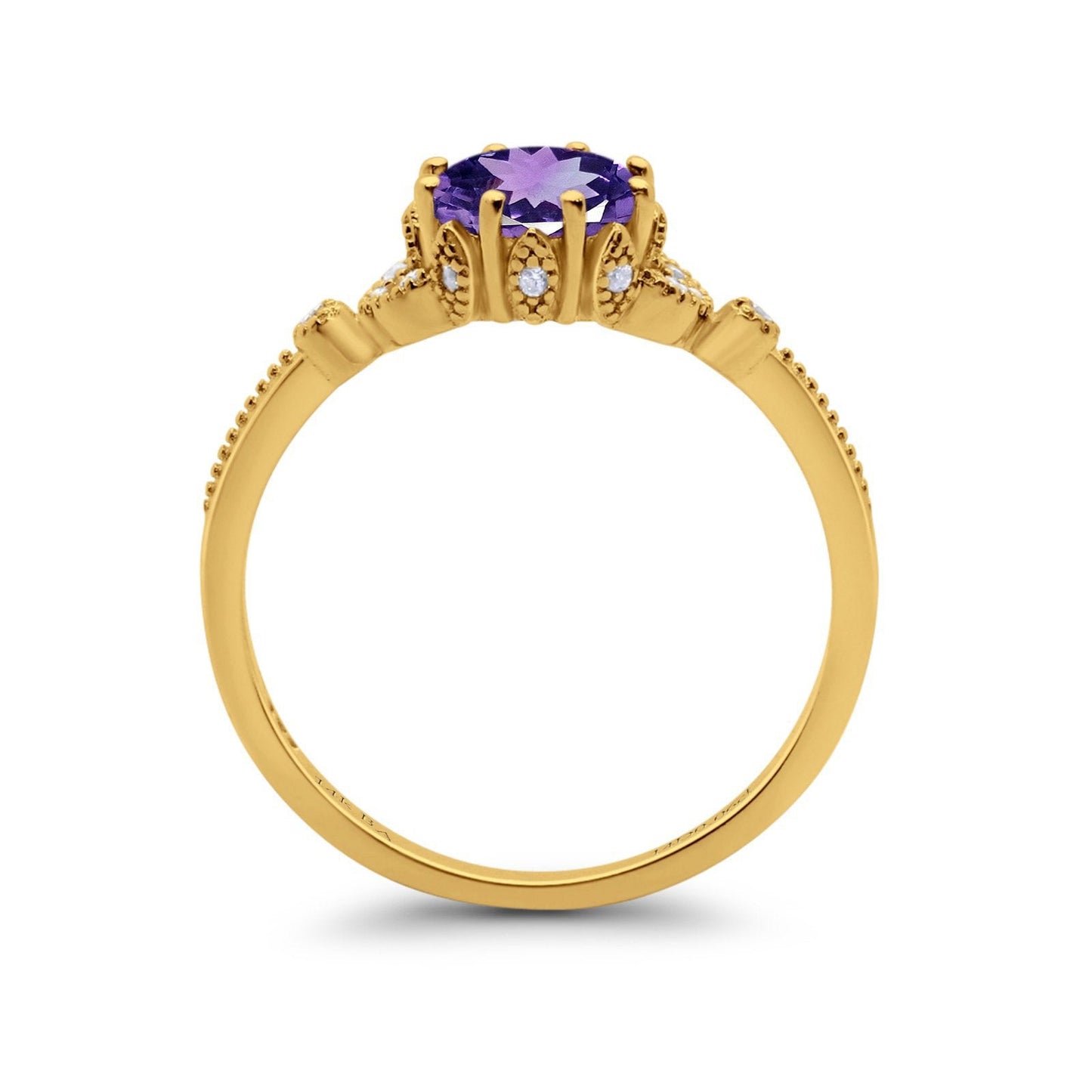 14K Yellow Gold 1.34ct Round Art Deco Fashion 7mm G SI Natural Amethyst Diamond Engagement Wedding Ring Size 6.5