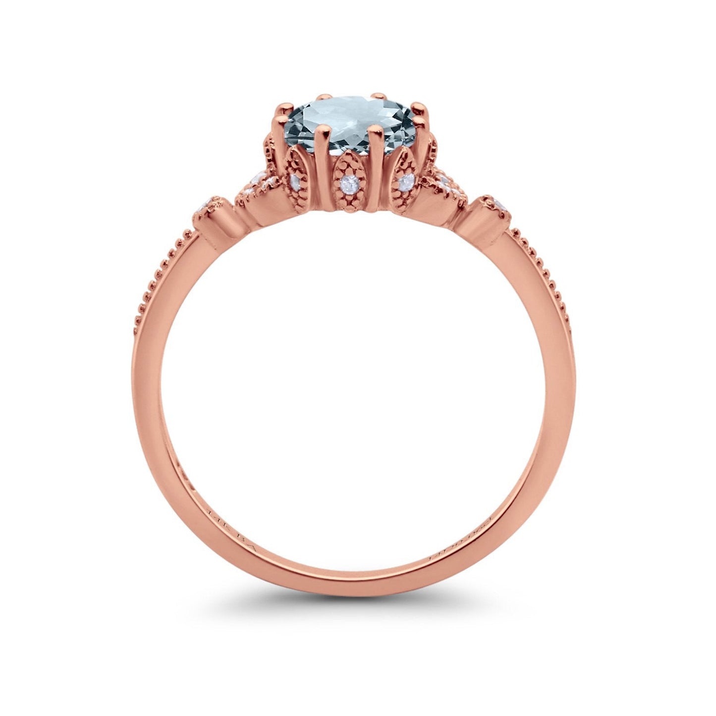 14K Rose Gold 1.34ct Round Art Deco Fashion 7mm G SI Natural Aquamarine Diamond Engagement Wedding Ring Size 6.5