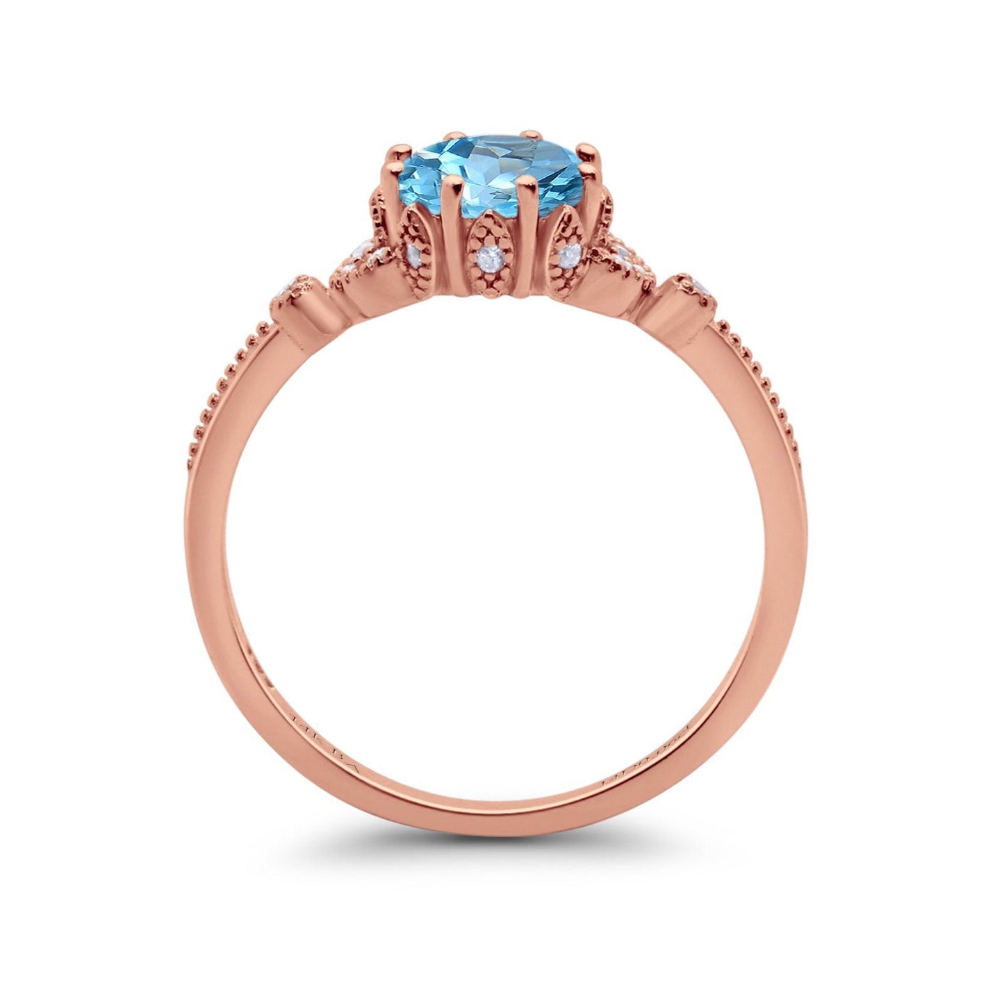 14K Rose Gold 1.34ct Round Art Deco Fashion 7mm G SI Natural Blue Topaz Diamond Engagement Wedding Ring Size 6.5