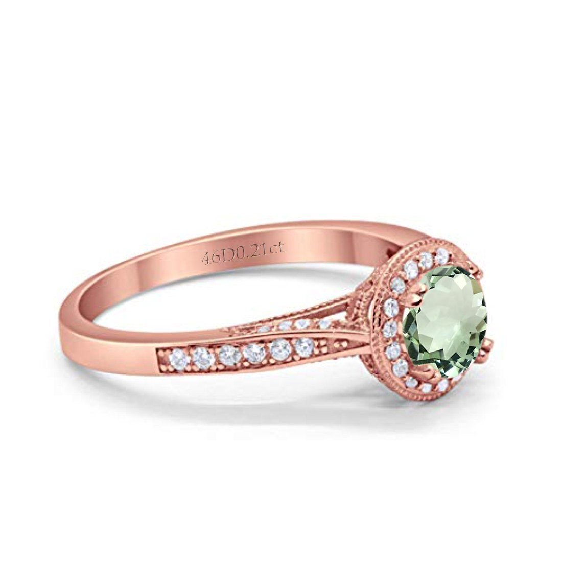 14K Rose Gold 0.67ct Round Halo 6.5mm G SI Natural Green Amethyst Diamond Engagement Wedding Ring Size 6.5