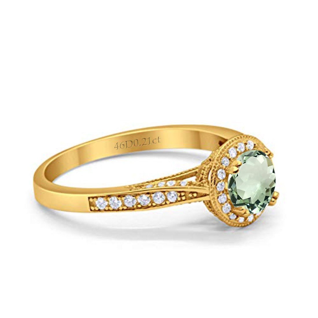 14K Yellow Gold 0.67ct Round Halo 6.5mm G SI Natural Green Amethyst Diamond Engagement Wedding Ring Size 6.5