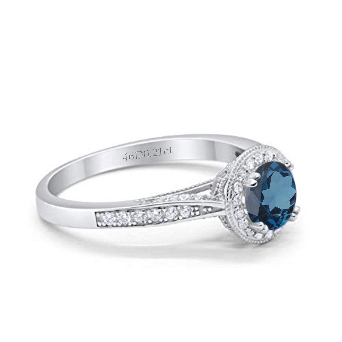 14K White Gold 0.67ct Round Halo 6.5mm G SI London Blue Topaz Diamond Engagement Wedding Ring Size 6.5