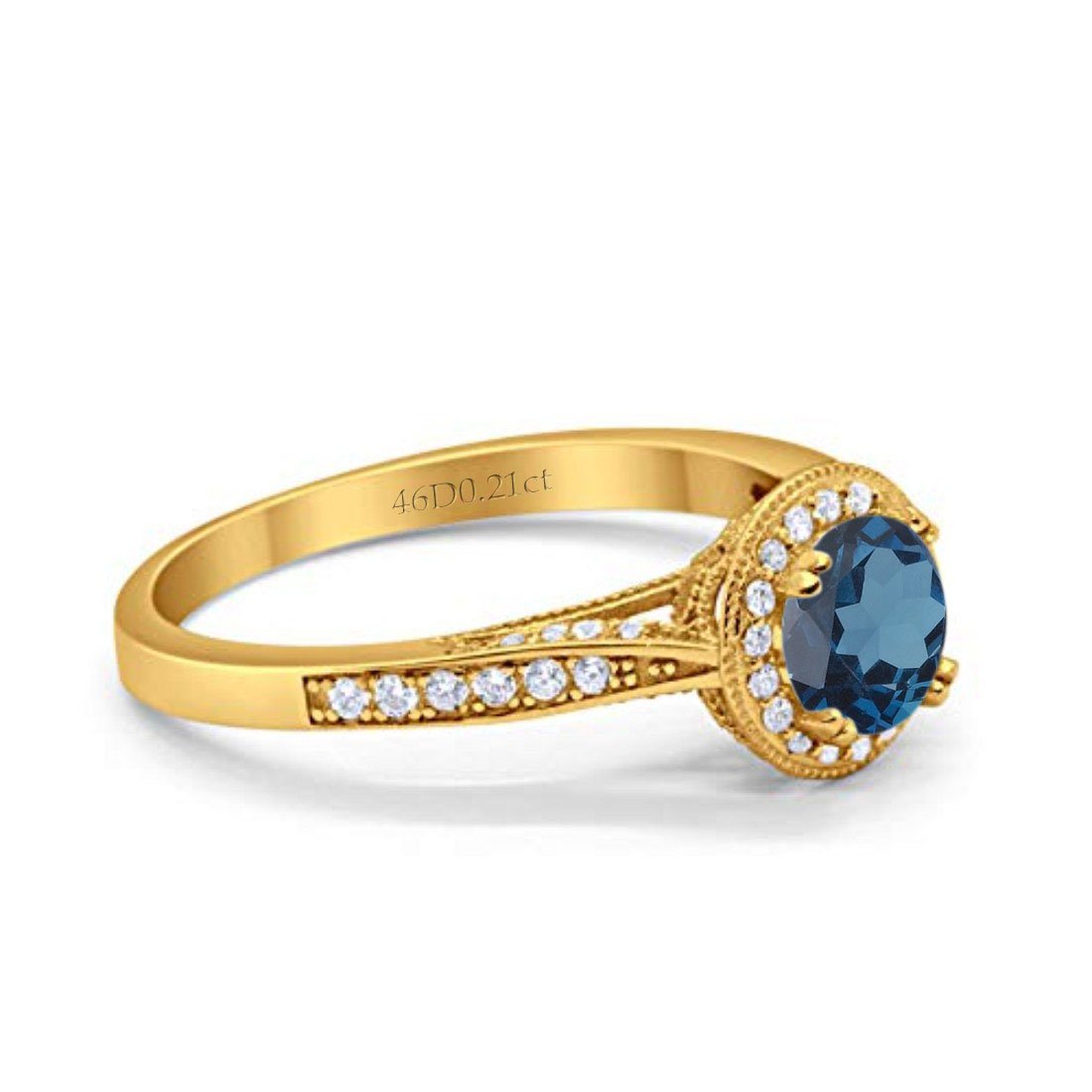 14K Yellow Gold 0.67ct Round Halo 6.5mm G SI London Blue Topaz Diamond Engagement Wedding Ring Size 6.5