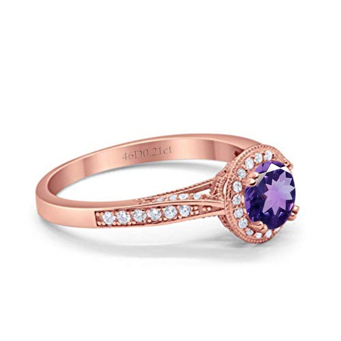 14K Rose Gold 0.67ct Round Halo 6.5mm G SI Natural Amethyst Diamond Engagement Wedding Ring Size 6.5