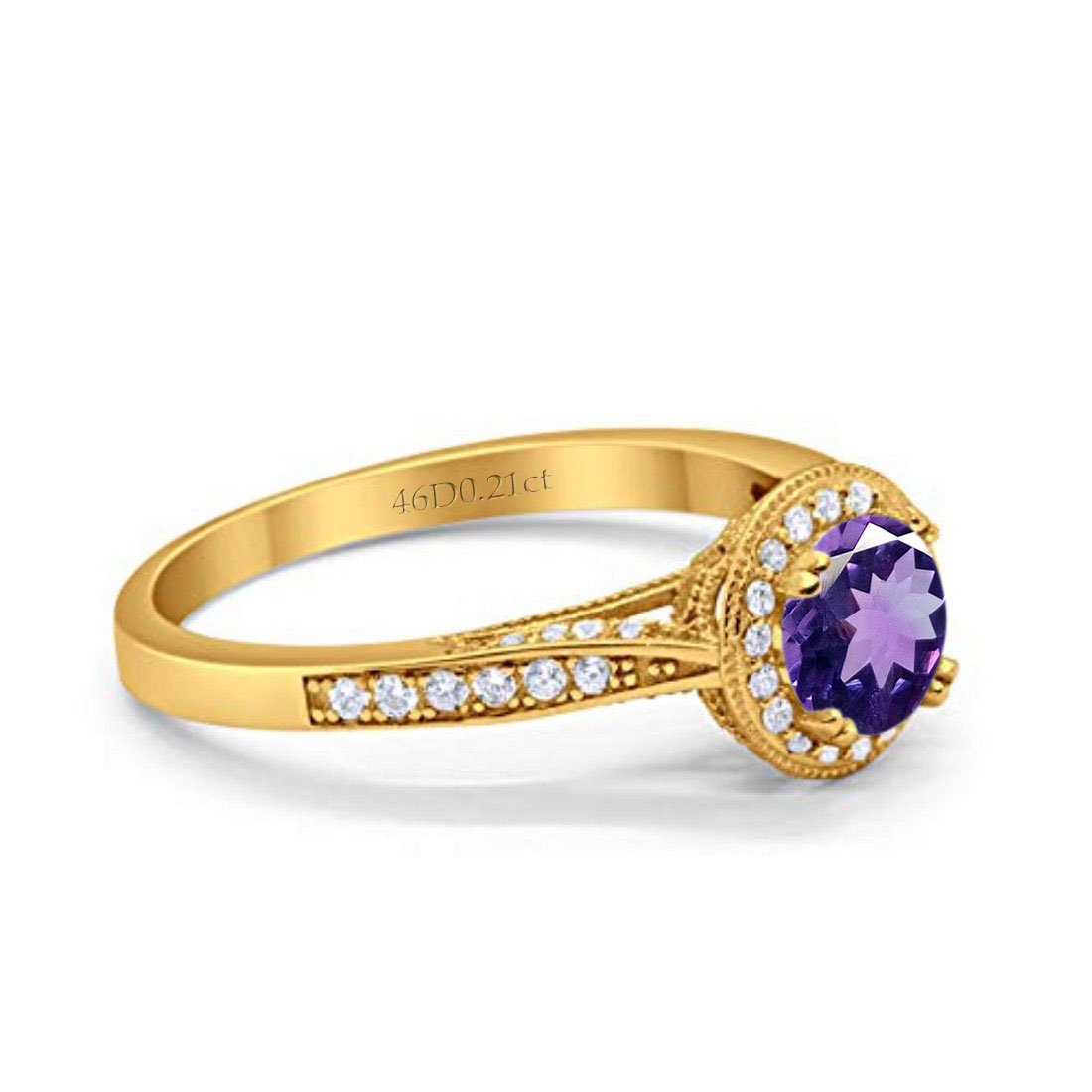 14K Yellow Gold 0.67ct Round Halo 6.5mm G SI Natural Amethyst Diamond Engagement Wedding Ring Size 6.5