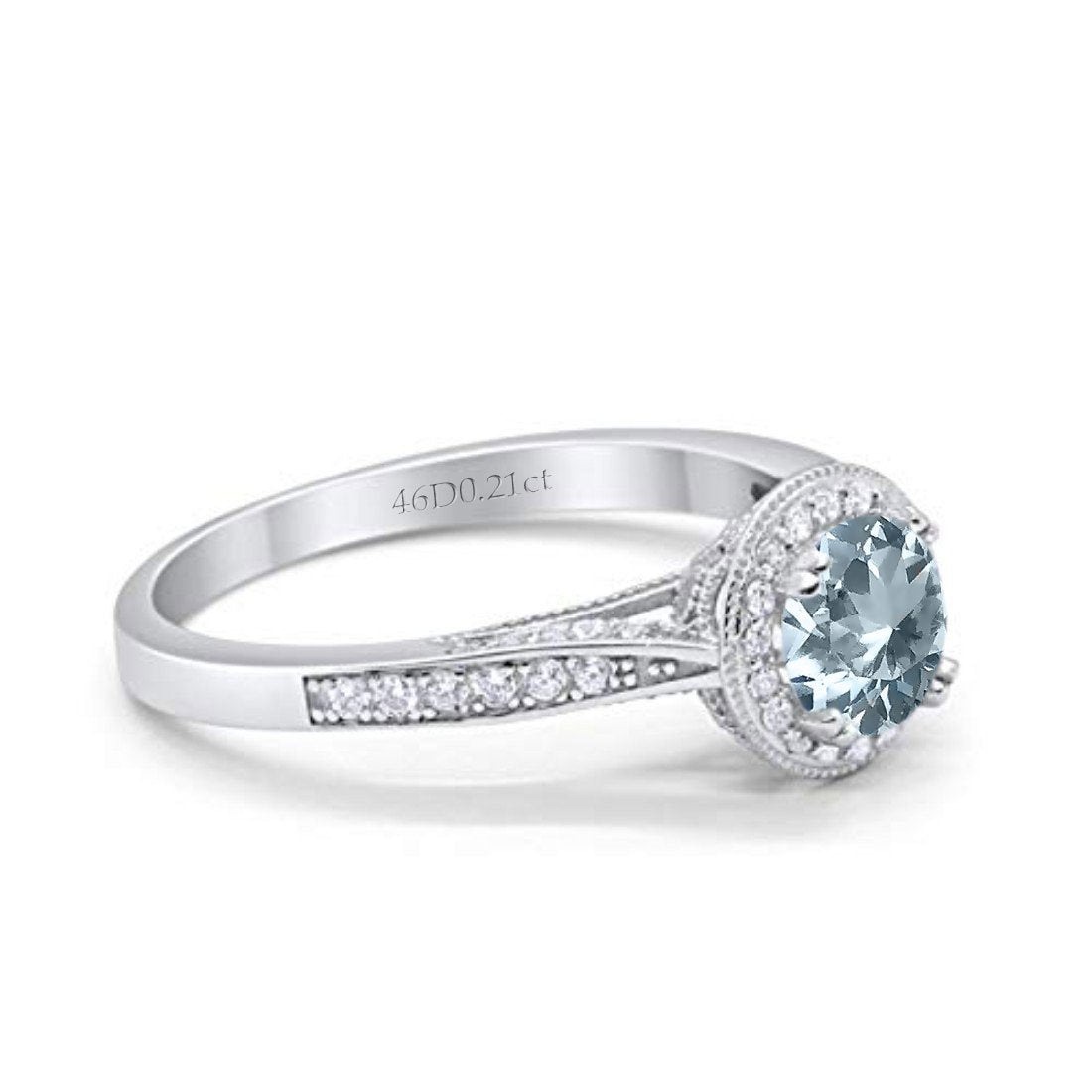 14K White Gold 0.67ct Round Halo 6.5mm G SI Natural Aquamarine Diamond Engagement Wedding Ring Size 6.5