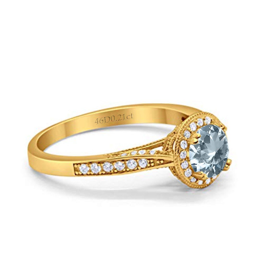 14K Yellow Gold 0.67ct Round Halo 6.5mm G SI Natural Aquamarine Diamond Engagement Wedding Ring Size 6.5