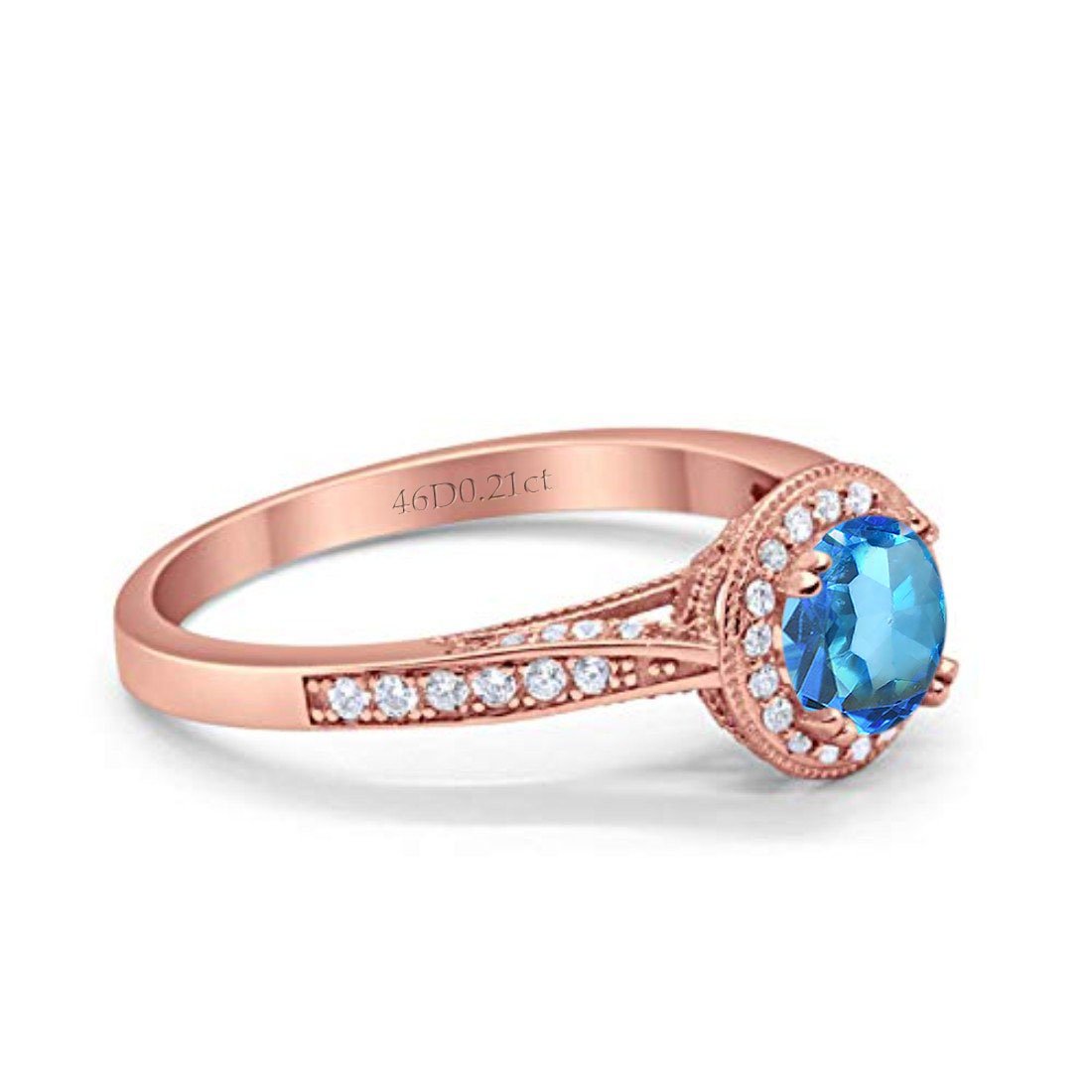 14K Rose Gold 0.67ct Round Halo 6.5mm G SI Natural Blue Topaz Diamond Engagement Wedding Ring Size 6.5