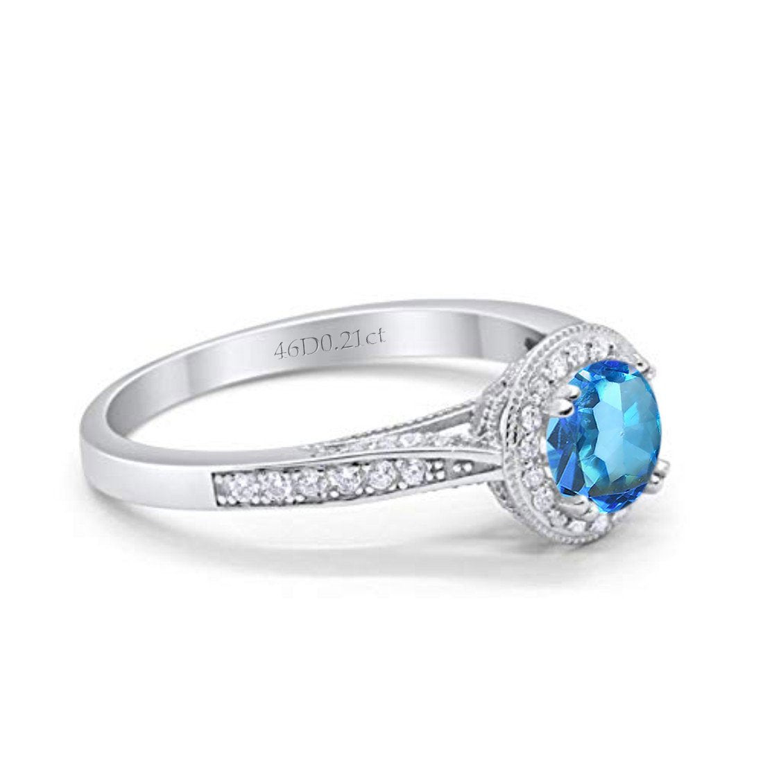 14K White Gold 0.67ct Round Halo 6.5mm G SI Natural Blue Topaz Diamond Engagement Wedding Ring Size 6.5