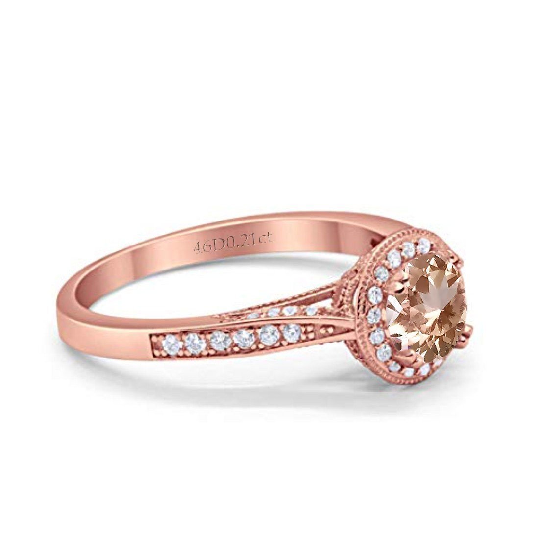 14K Rose Gold 0.67ct Round Halo 6.5mm G SI Natural Morganite Diamond Engagement Wedding Ring Size 6.5