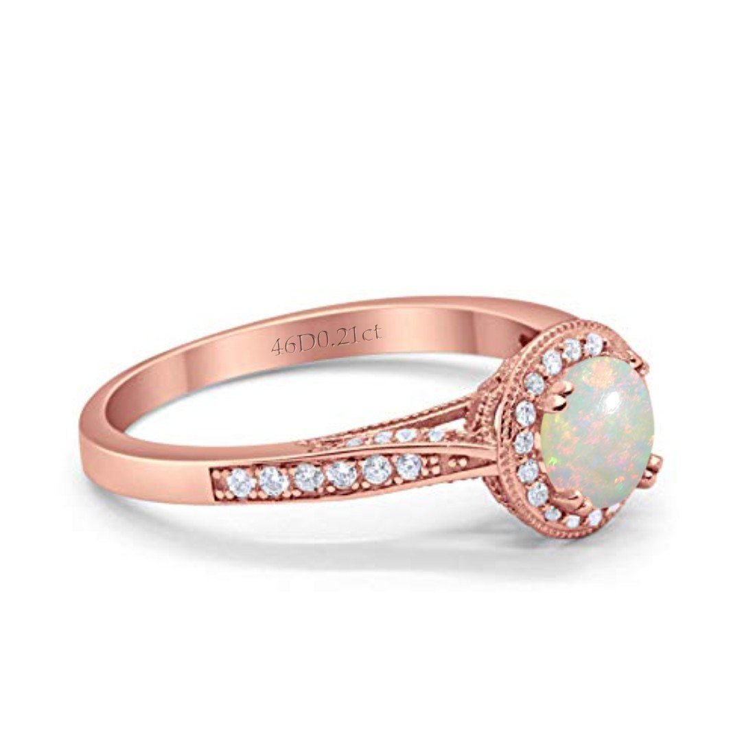 14K Rose Gold 0.21ct Round Halo 6.5mm G SI Natural White Opal Diamond Engagement Wedding Ring Size 6.5